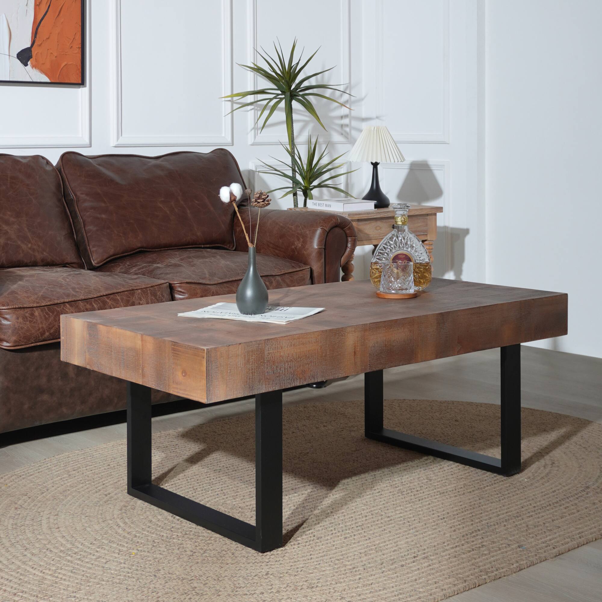 Angle. GOODSILO - Handcrafted Rustic Industrial Coffee Table with Metal Legs and Parquet-Style Wood Surface - Multi.