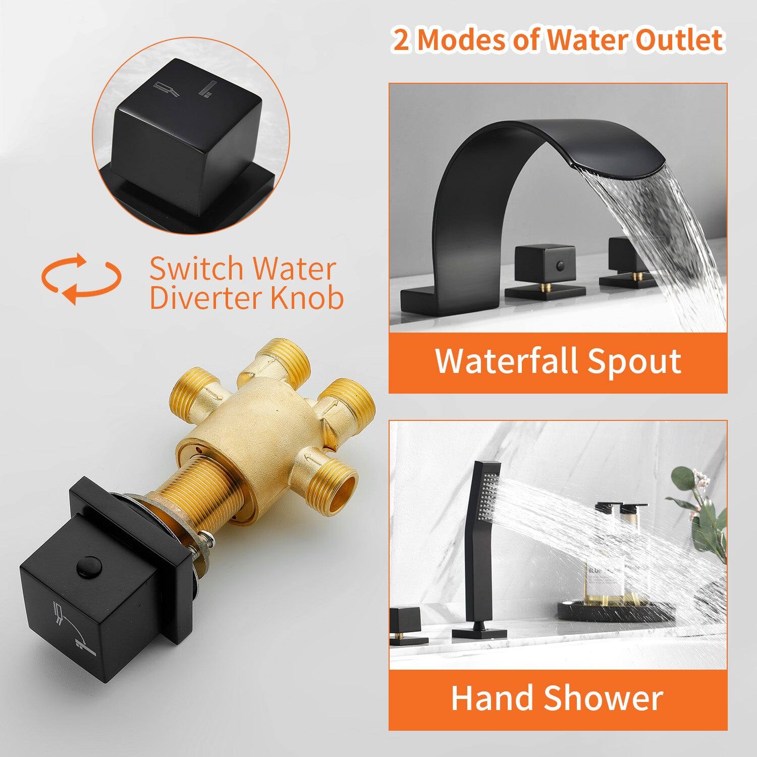 2 Modes of Water Outlet

Switch Water Diverter Knob

Waterfall Spout

Hand Shower