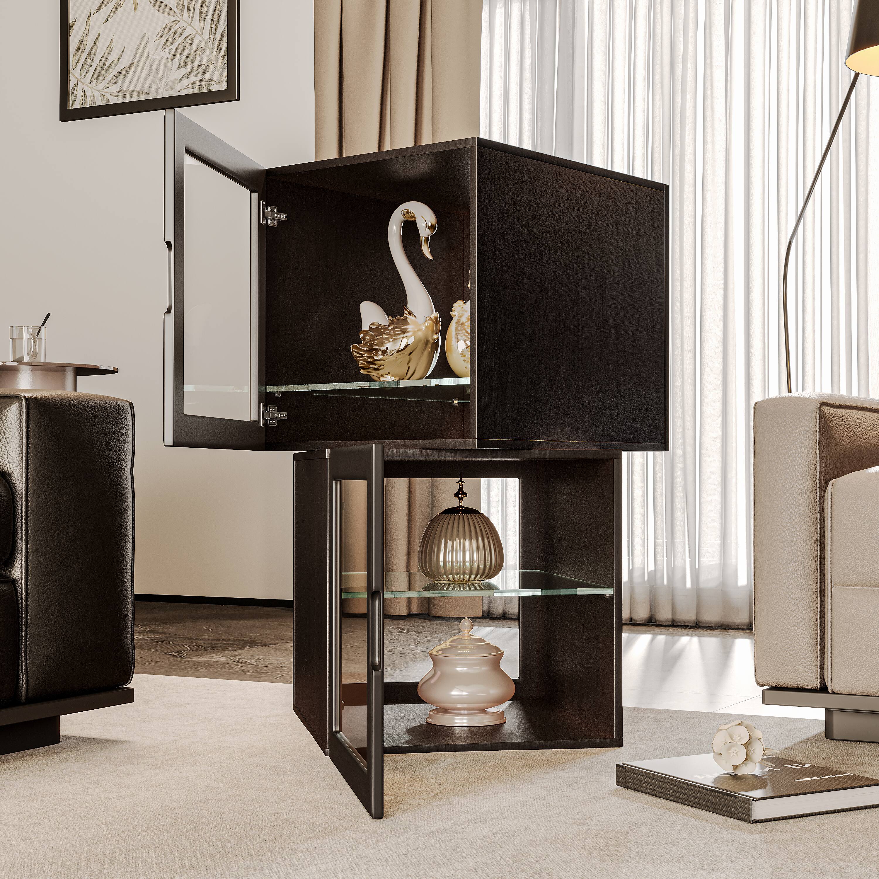 Alt View 2. MSOOB - Dual-Sided Glass Display Cabinet, Curio Cabinet for Collectibles with Adjustable Shelves (2 Pack) - Black Walnut.