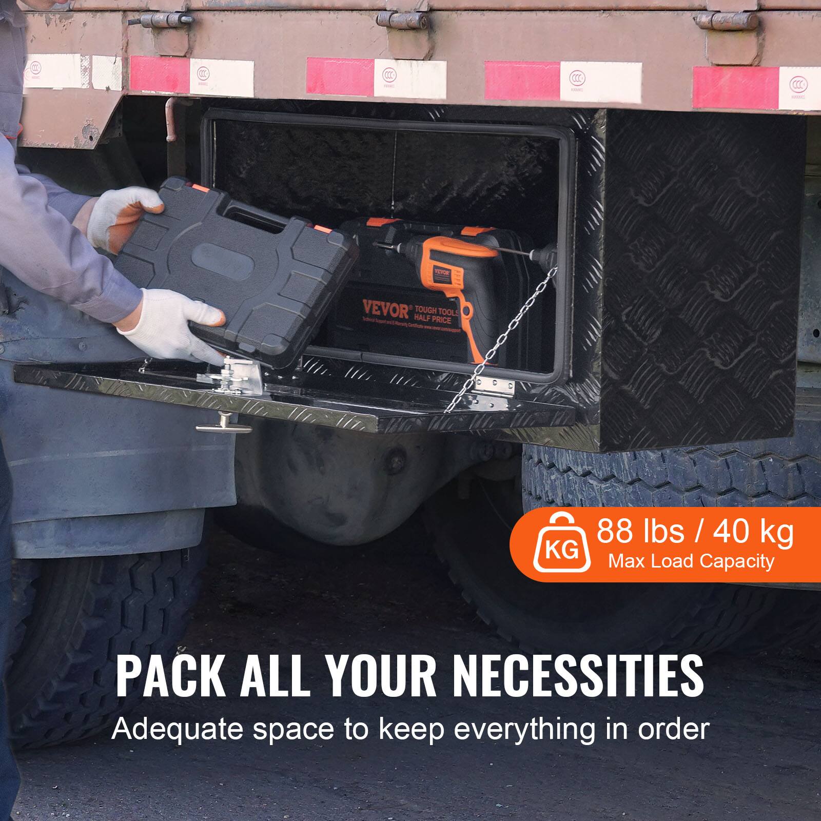 a . 1C0 - CE - - VEVOR - HALF TOUGH PRICE TOOLE - - - 88 lbs / 40 kg KG Max Load Capacity PACK ALL YOUR NECESSITIES Adequate space to keep everything in order