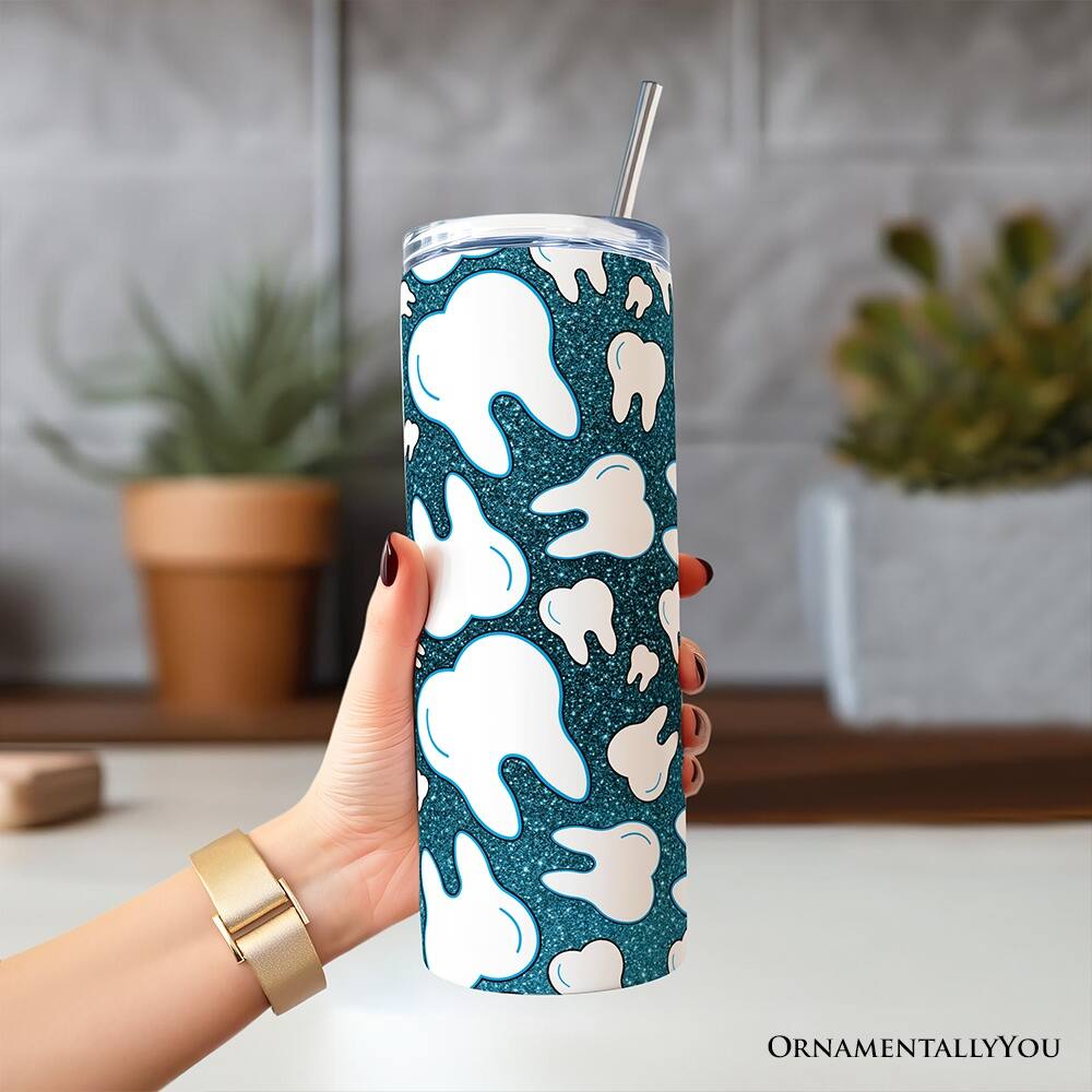 Back. OrnamentallyYou - Sparkly Blue Tooth Pattern 20oz Tumbler With Lid and Stainless Steel Straw - Multicolored.
