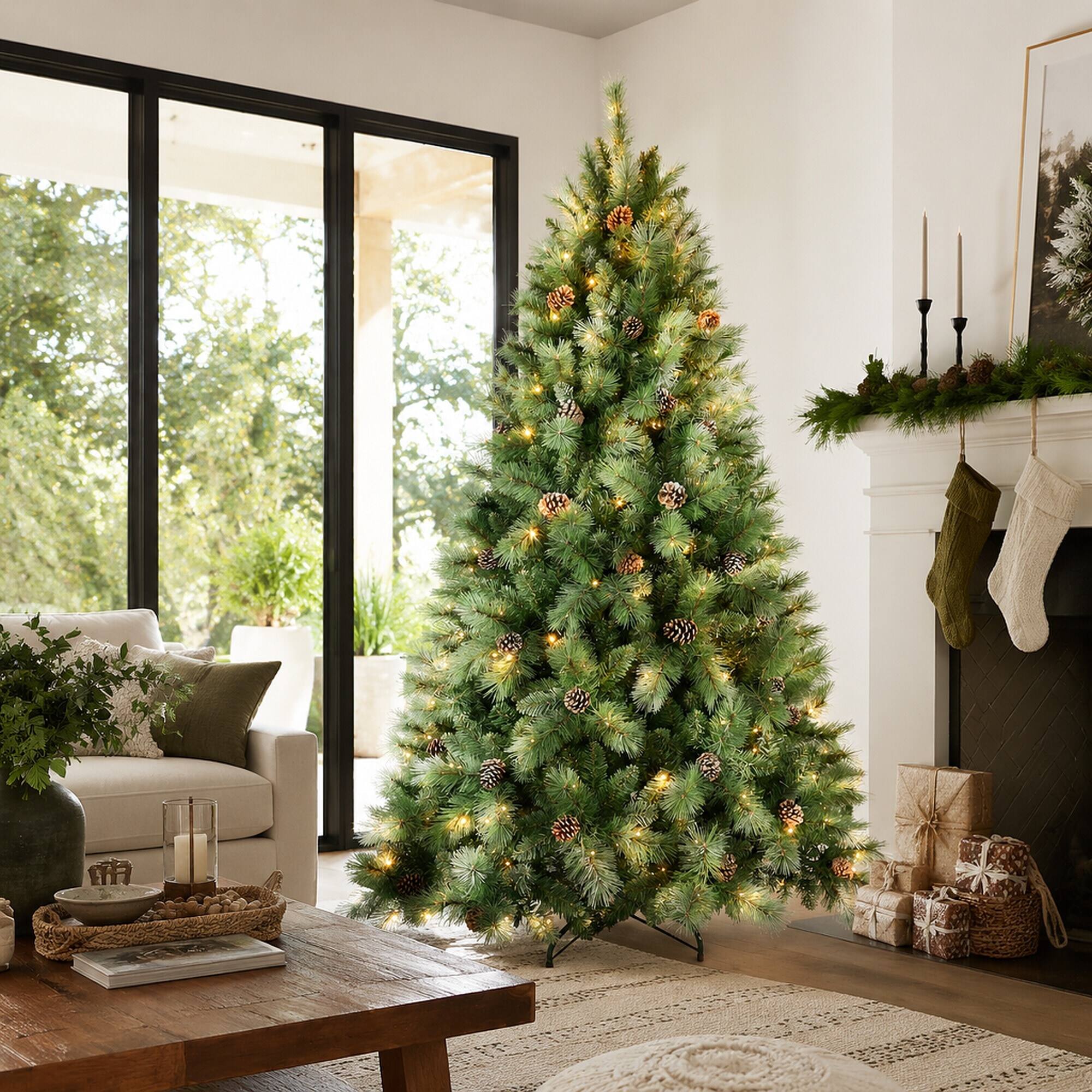 Back. RYHNUYNE - 5FT Pre-Lit Christmas Tree, 200 Warm White LED Lights 694 PVC Hard Needle Tips 51 Pine Cones Hinged Branch Metal Stand - Green.