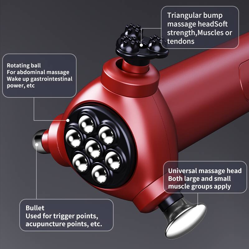 - Triangular bump massage head: Soft strength, muscles or tendons
- Rotating ball: For abdominal massage, wake up gastrointestinal power, etc.
- Universal massage head: Both large and small muscle groups apply
- Bullet: Used for trigger points, acupuncture points, etc.