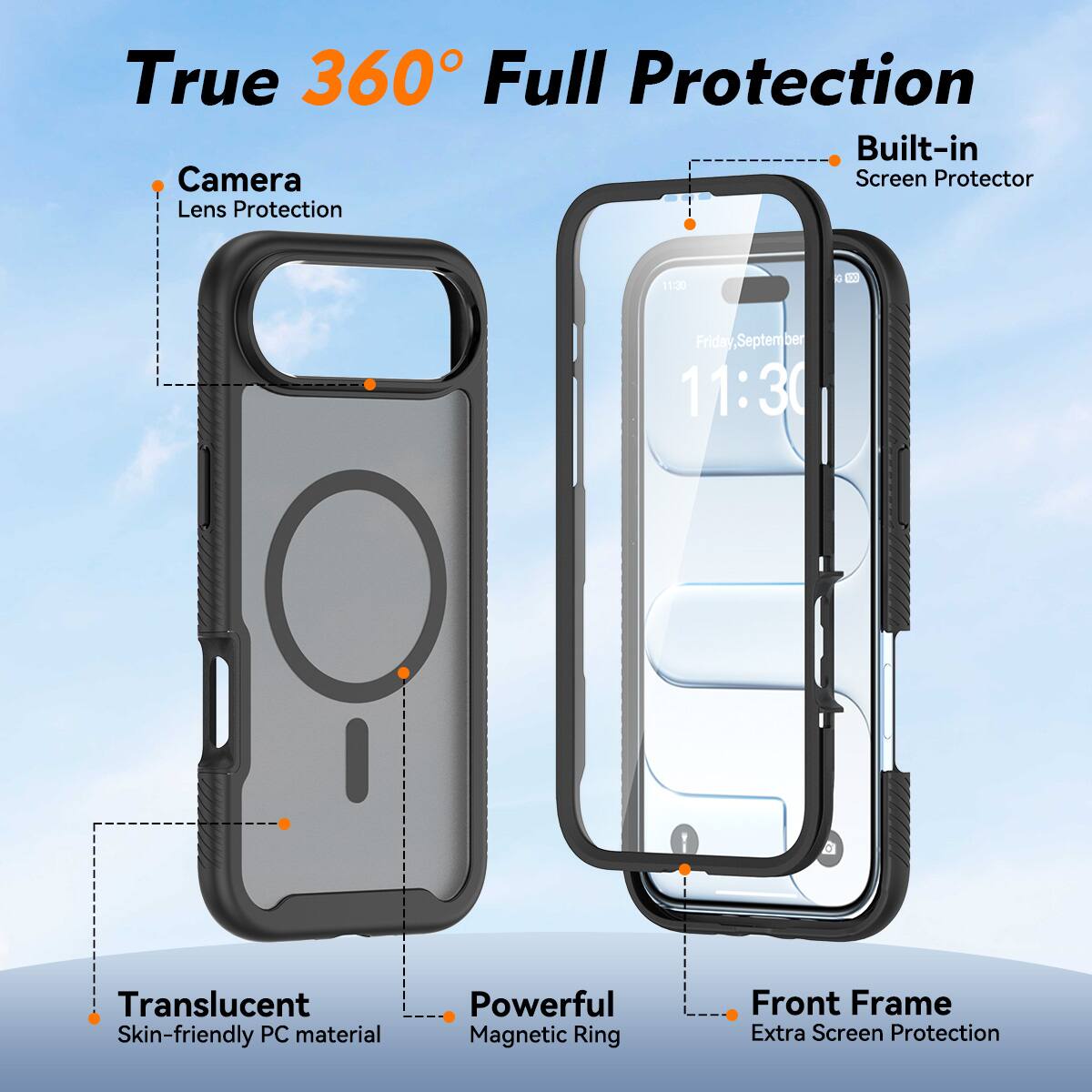 True 360° Full Protection

- Camera Lens Protection
- Built-in Screen Protector
- Translucent Skin-friendly PC material
- Powerful Magnetic Ring
- Front Frame Extra Screen Protection