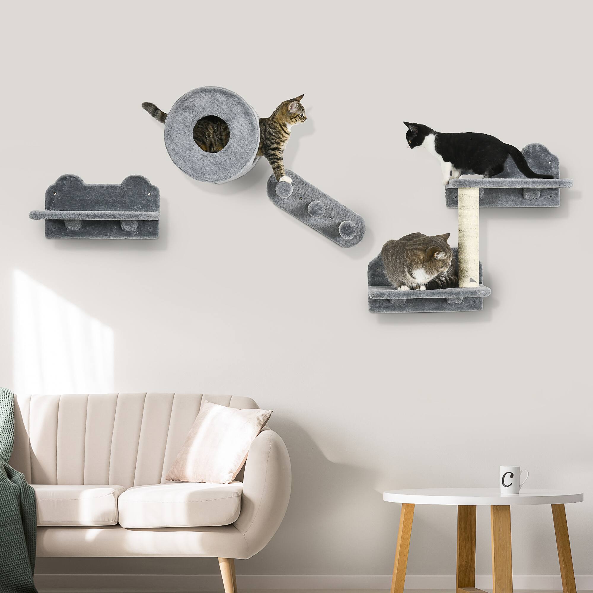 Angle. Pawhut - 4 Piece Cat Wall Shelves Furniture, Wall Mounted Cat Tree with Condo, Scratching Post, Platform, 3 Steps, for Small Cats - Gray.