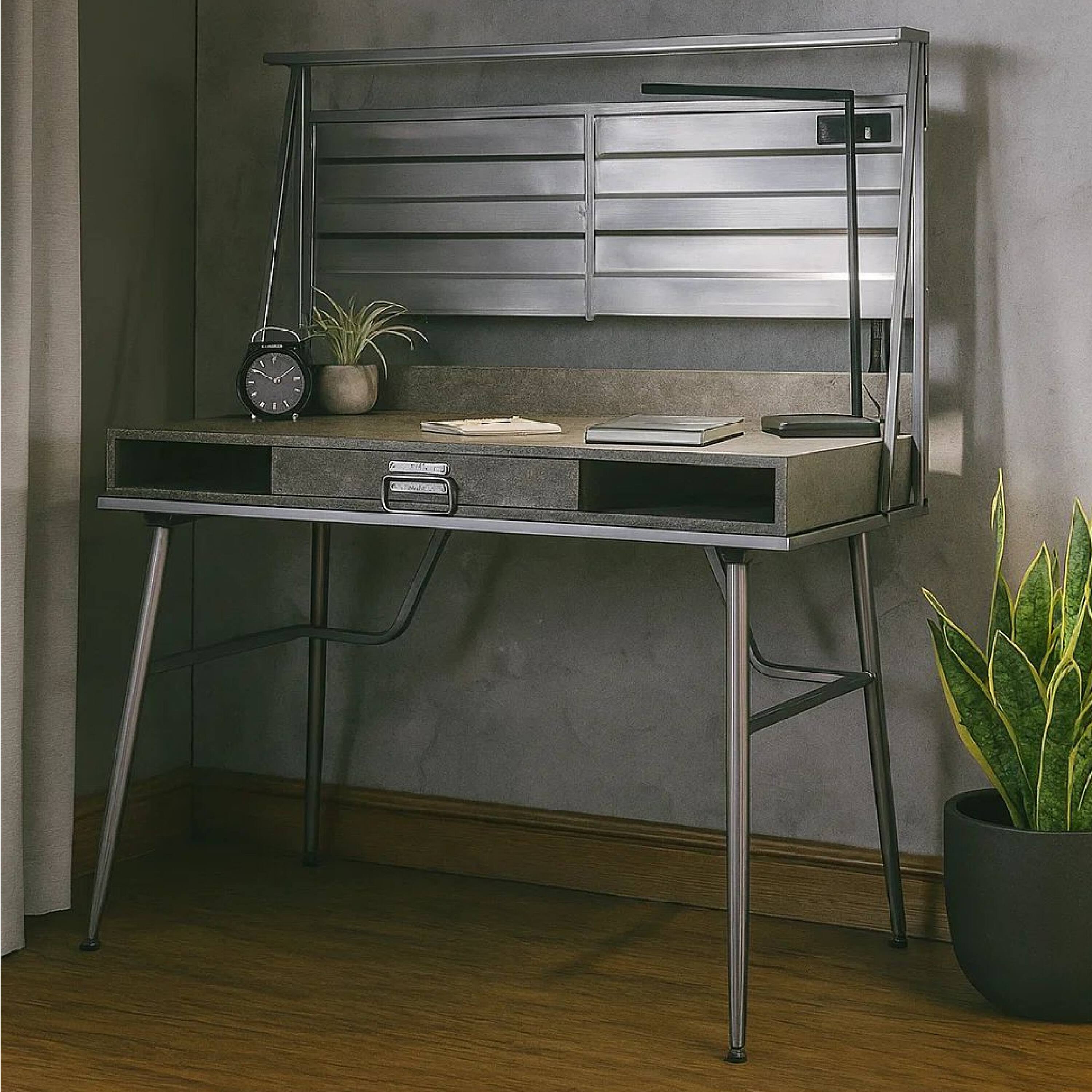 Alt View 2. Manhattan Lane - Corrugated Back Metal Frame Desk with USB Docks, Gray and Silver - Gray and Silver.