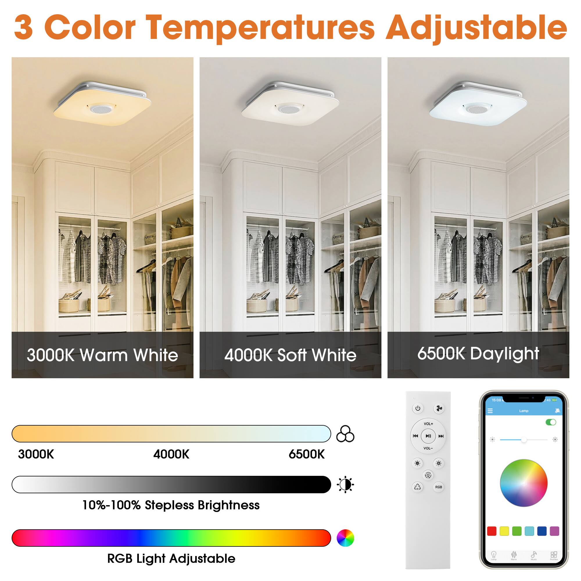 3 Color Temperatures Adjustable

3000K Warm White
4000K Soft White
6500K Daylight

10%-100% Stepless Brightness
RGB Light Adjustable