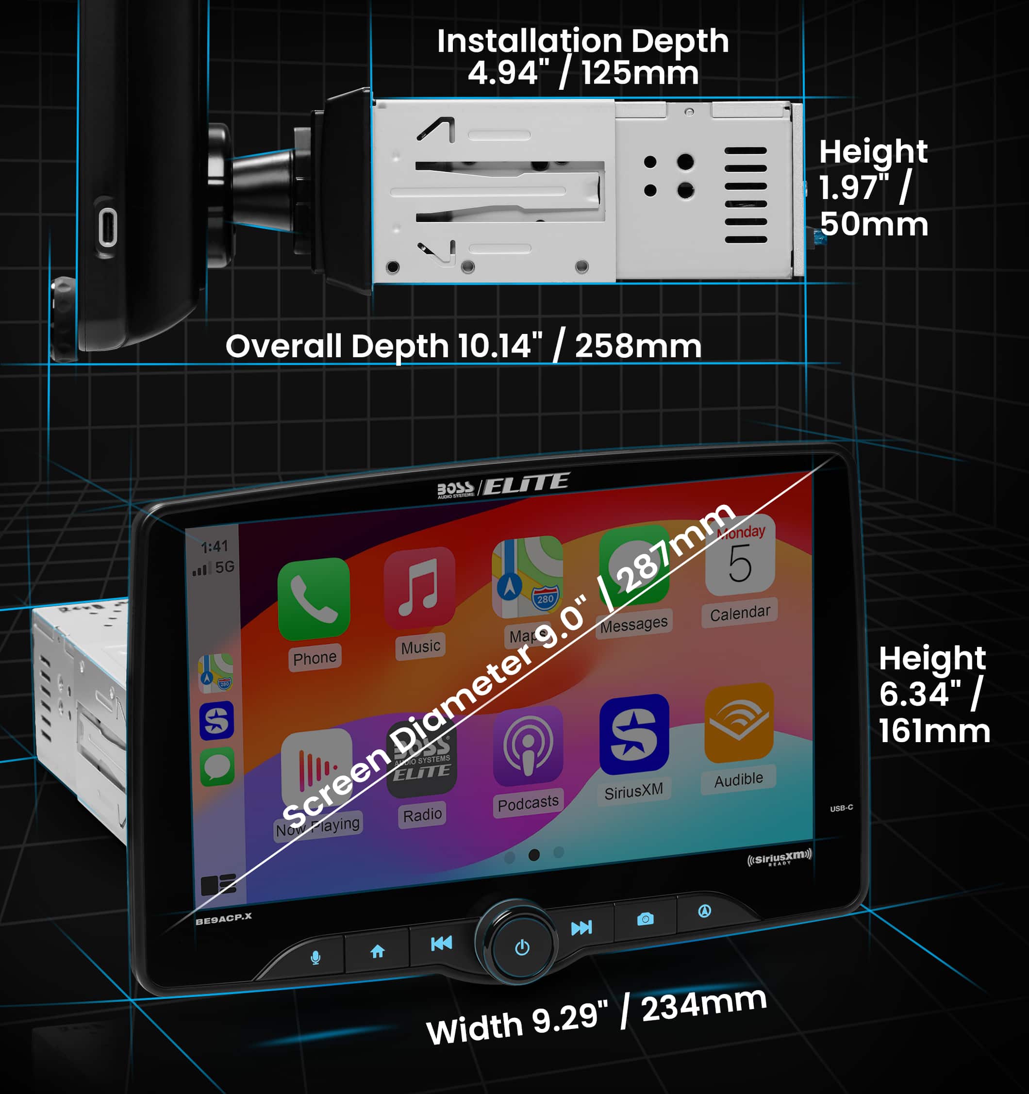 Installation Depth: 4.94" / 125mm
Height: 1.97" / 50mm
Overall Depth: 10.14" / 258mm
The image shows a screen depth of 9.29" / 234mm and a width of 9.0" / 228mm. The Elite device is designed to be used with a 5G network, and it features a calendar, music, map, and messaging app. The device also supports SiriusXM radio and podcasts, making it a versatile and convenient tool for users.