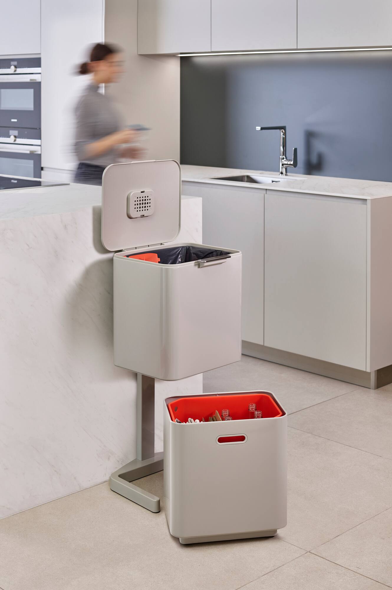 Alt View 1. Joseph Joseph - Totem Max 60-liter Waste & Recycling Dual Kitchen Trash Can - Stone.