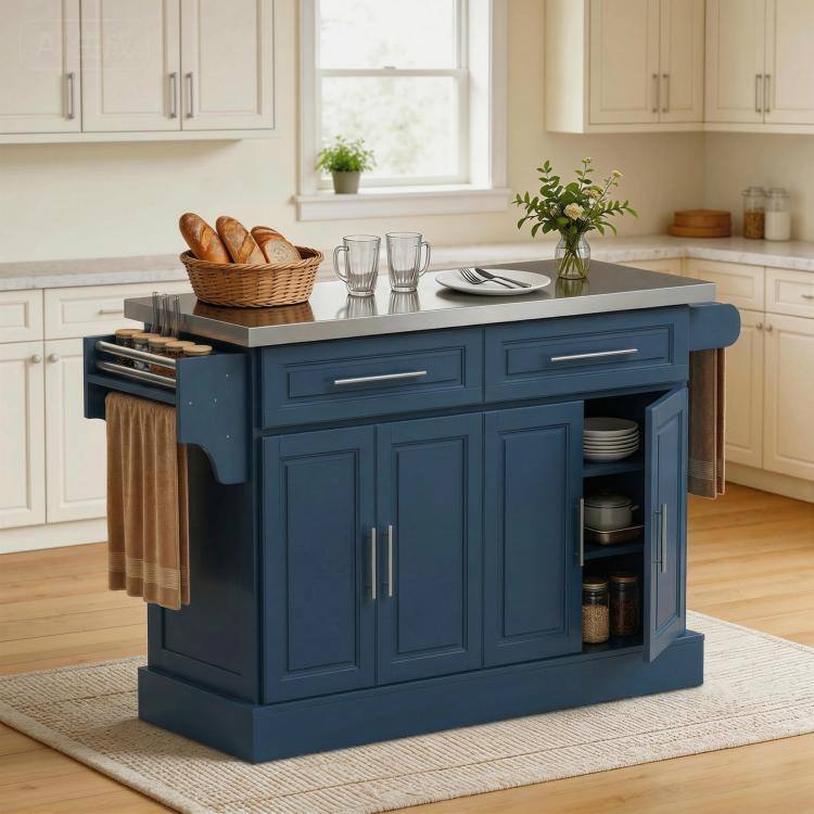 Alt View 1. PULUZ - Rolling Kitchen Island with Stainless Steel Top, 2 Drawers, Spice, Knife and Towel Rack and Cabinets - Navy Blue.