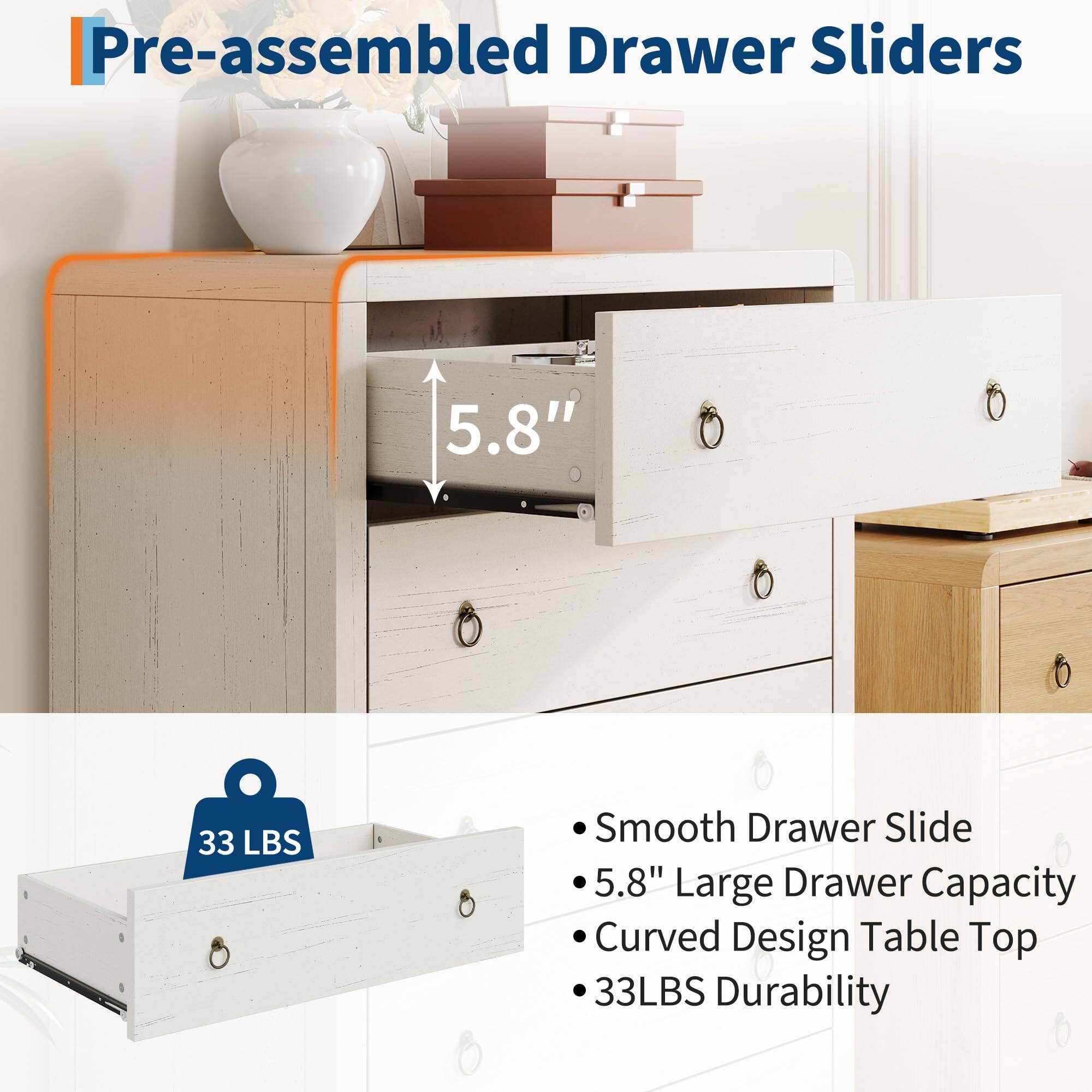 Pre-assembled Drawer Sliders

- Smooth Drawer Slide
- 5.8" Large Drawer Capacity
- Curved Design Table Top
- 33LBS Durability

5.8"

33 LBS