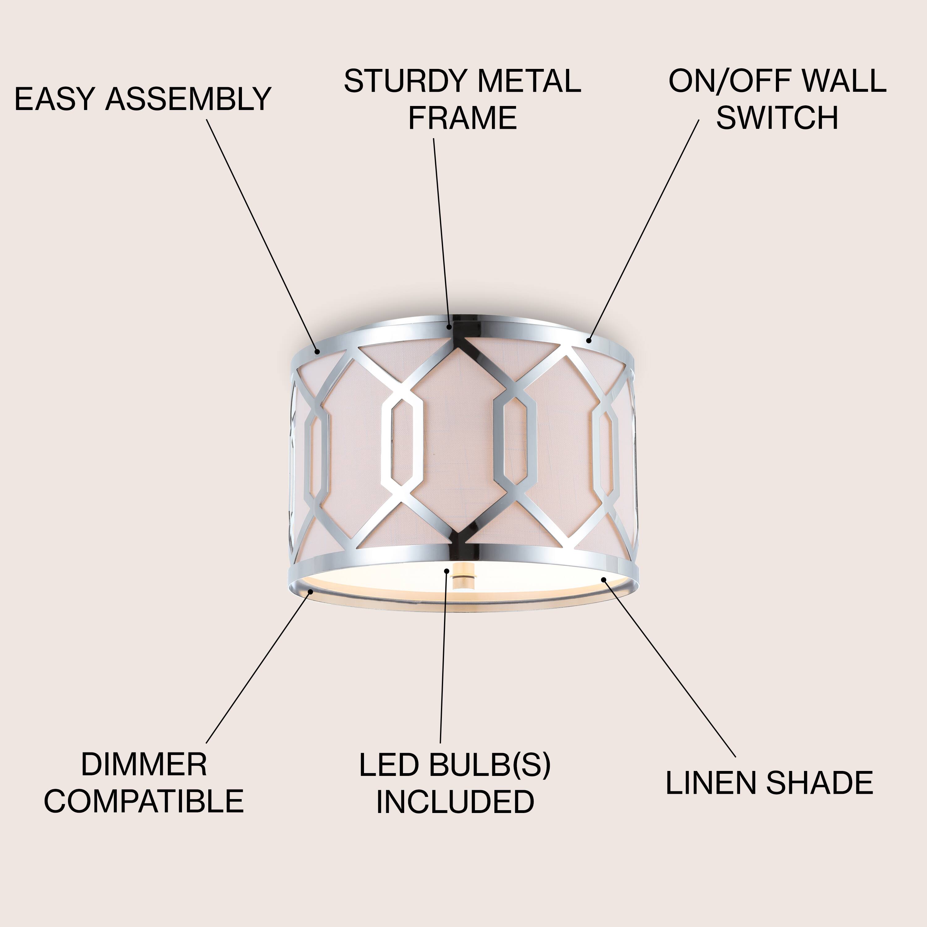 - Easy Assembly
- Sturdy Metal Frame
- On/Off Wall Switch
- Dimmer Compatible
- LED Bulb(s) Included
- Linen Shade