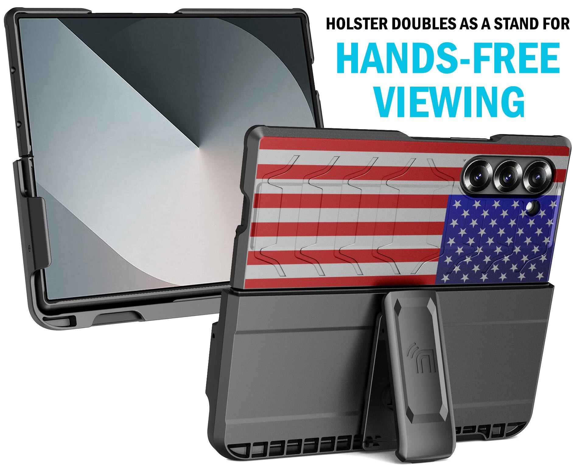 Holster doubles as a stand for hands-free viewing