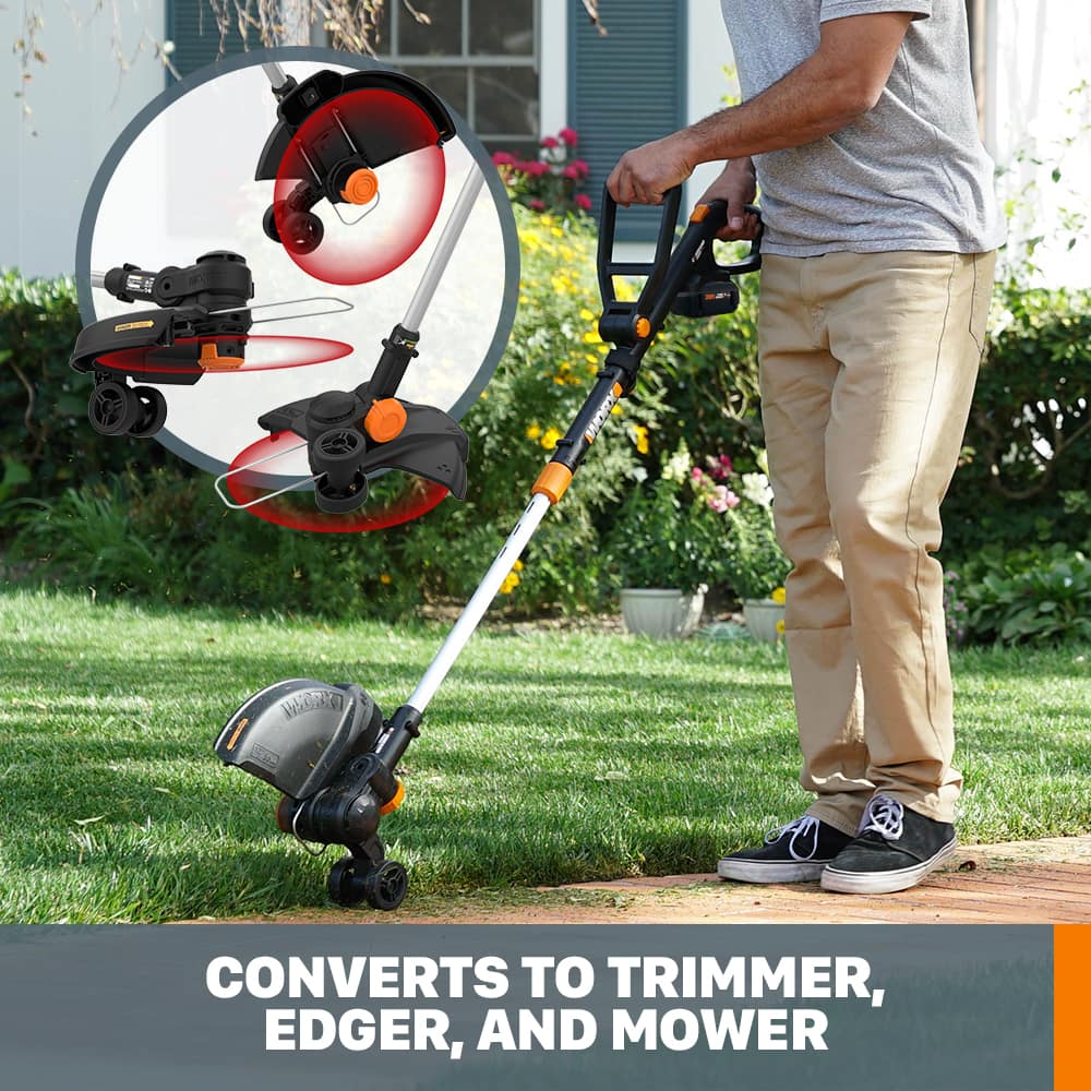 CONVERTS TO TRIMMER, EDGER, AND MOWER