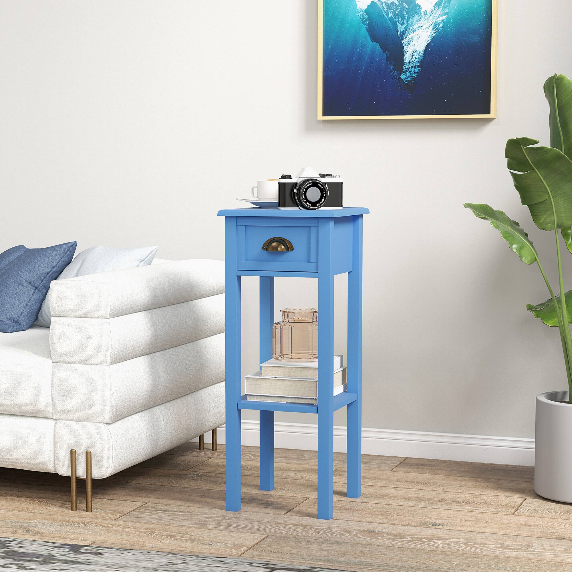 Alt View 2. Homcom - 2-Tier Side Table with Drawer, Narrow End Table with Bottom Shelf, for Living Room, Set of 1 - Light Blue.