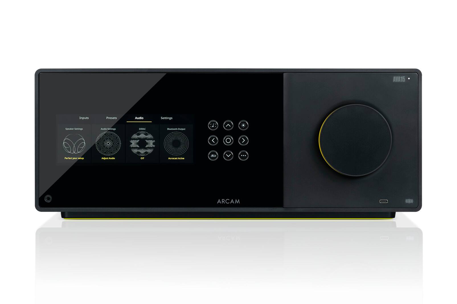 AVA15 Inputs Speaker Settings Presets Audio Settings Audio DIRAC Settings Bluetooth Output ... V Parten - setup Adjust Audio on Auracast Active ... ARCAM