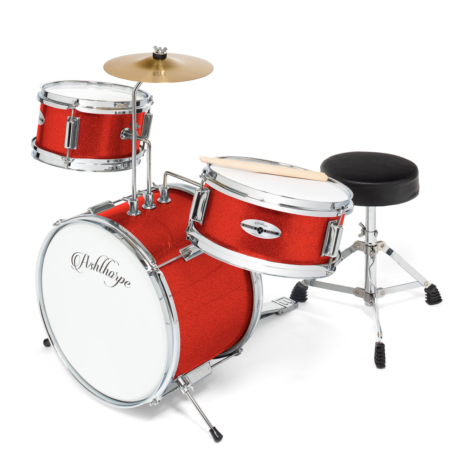 Ashthorpe - Beginner Drum Kit with Brass Cymbals (Set of 3) - Red