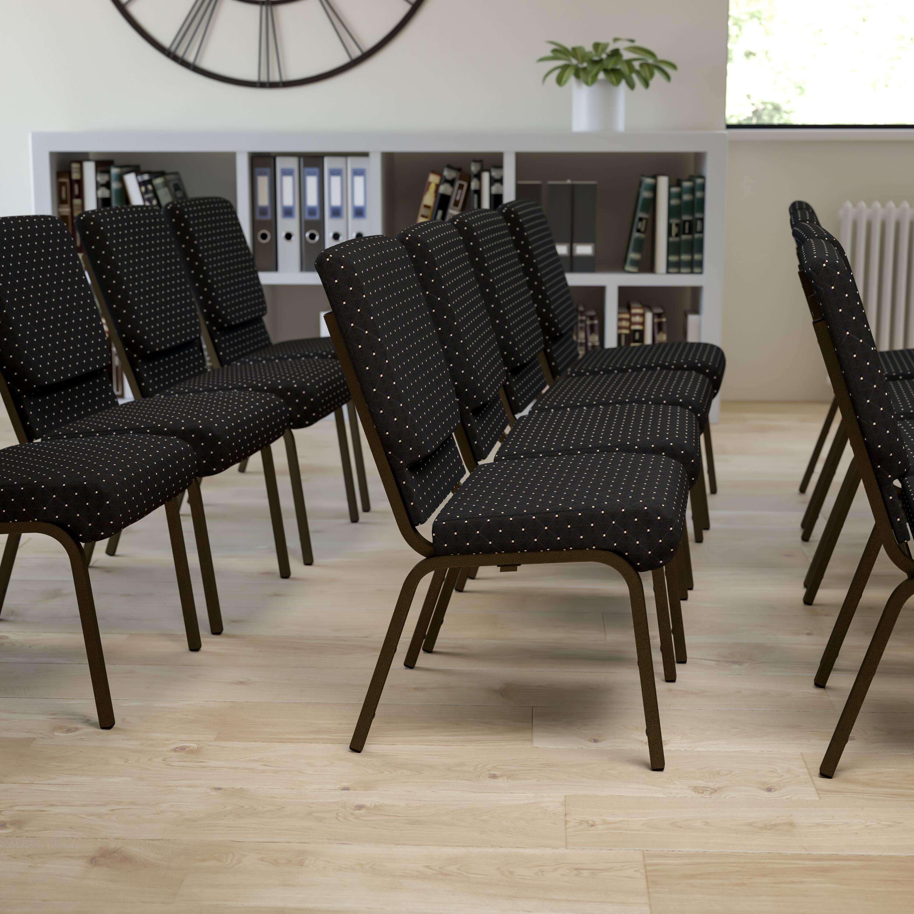 Alt View 1. Emma + Oliver - 18.5"W Stacking Church/Reception Guest Chair - Black Dot Patterned Fabric/Gold Vein Frame.