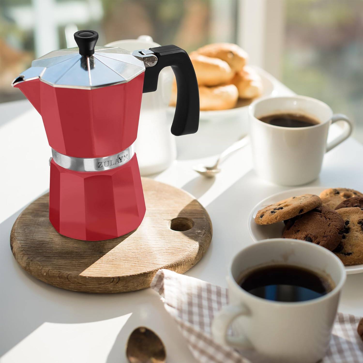 Alt View 4. Zulay Kitchen - Zulay Kitchen Moka Pot Espresso Stovetop Coffee Maker (3 Espresso Cups) - Red.