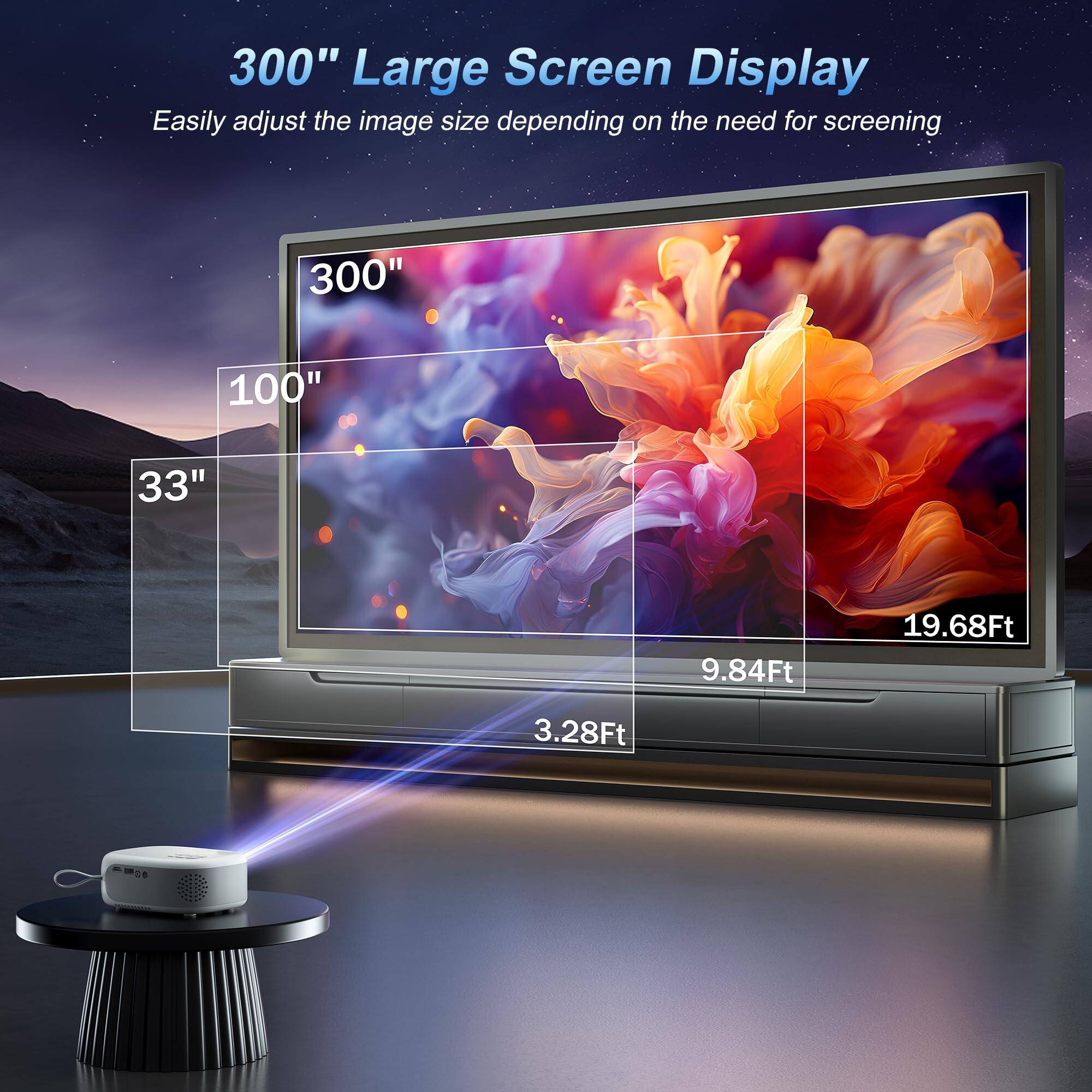 300" Large Screen Display  
Easily adjust the image size depending on the need for screening  

300"  
100"  
33"  
9.84Ft  
19.68Ft  
3.28Ft