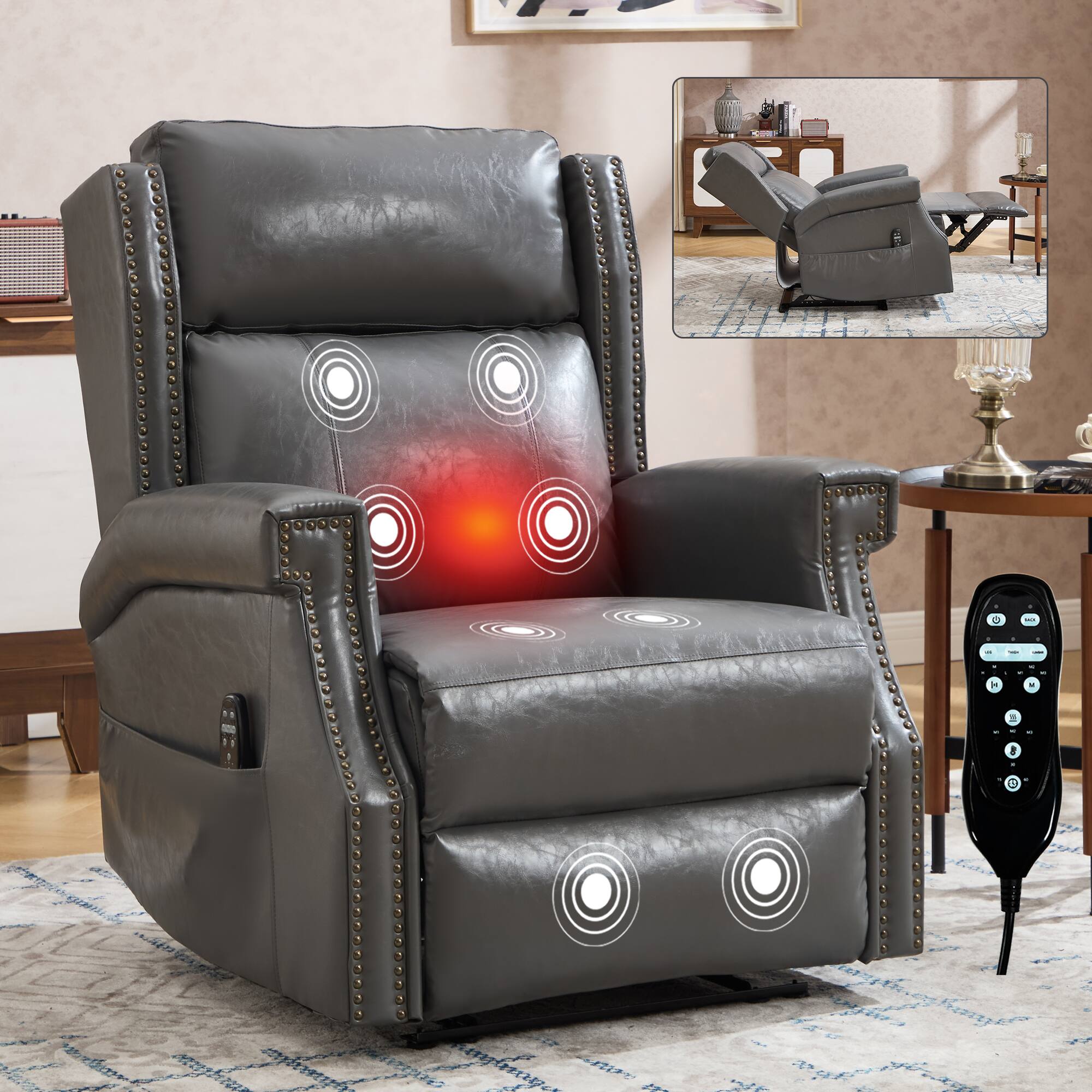 Front. LUCKY ONE - Vintage Waxed Leather Manual Recliner Chair with 3 Massage Modes and 155° Reclining Function - Grey.