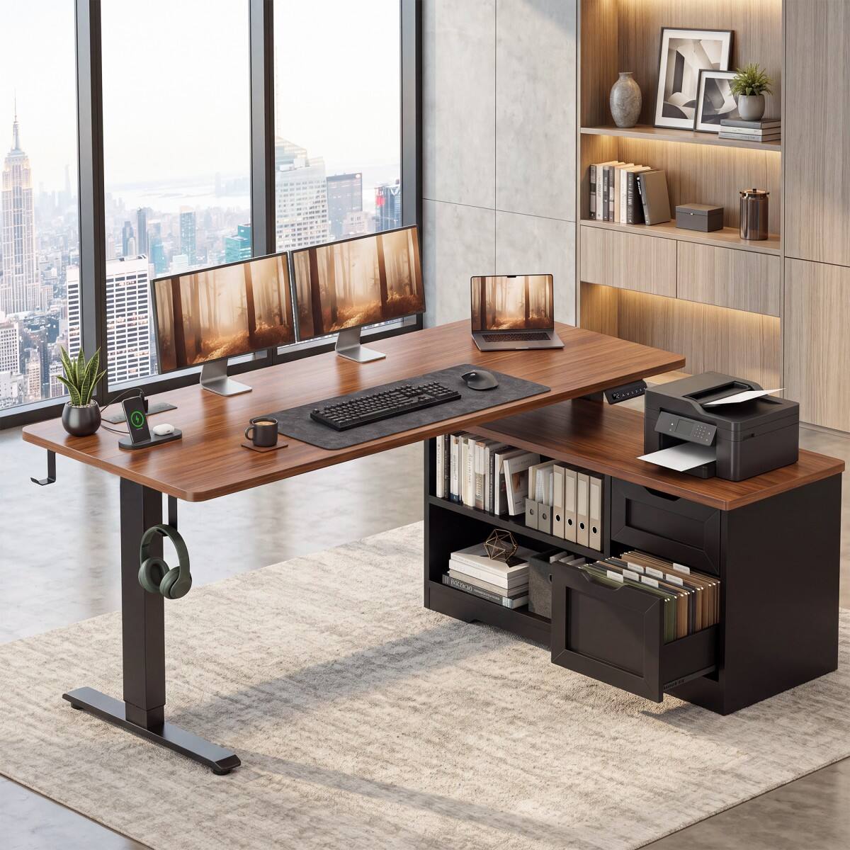 Alt View 7. Furnulem - L Shaped Electric Height Adjustable Standing Desk with File Cabinet Power Outlet Storage Drawer for Home Office - Walnut.