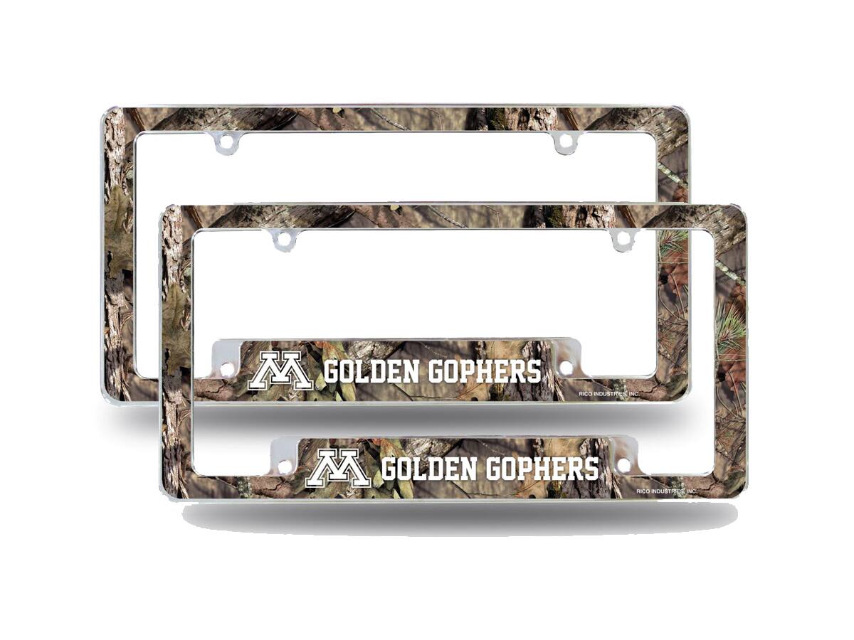Minnesota Golden Gophers Chrome Metal (Set of 2) License Plate Frames with Bold Mossy Oak Camouflaged Camo Design