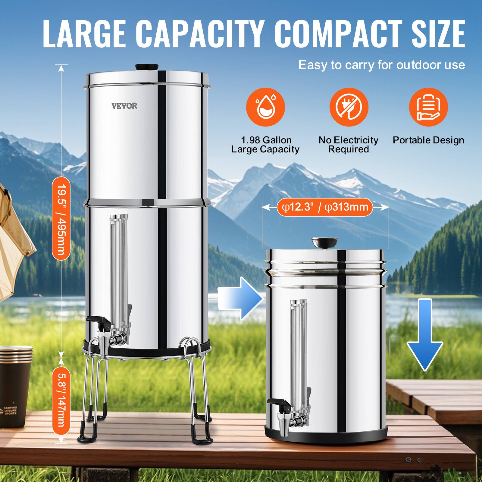 LARGE CAPACITY COMPACT SIZE  
Easy to carry for outdoor use  

1.98 Gallon Large Capacity  
No Electricity Required  
Portable Design  

19.5" / 495mm  
Ø12.3" / Ø313mm  
5.8" / 147mm