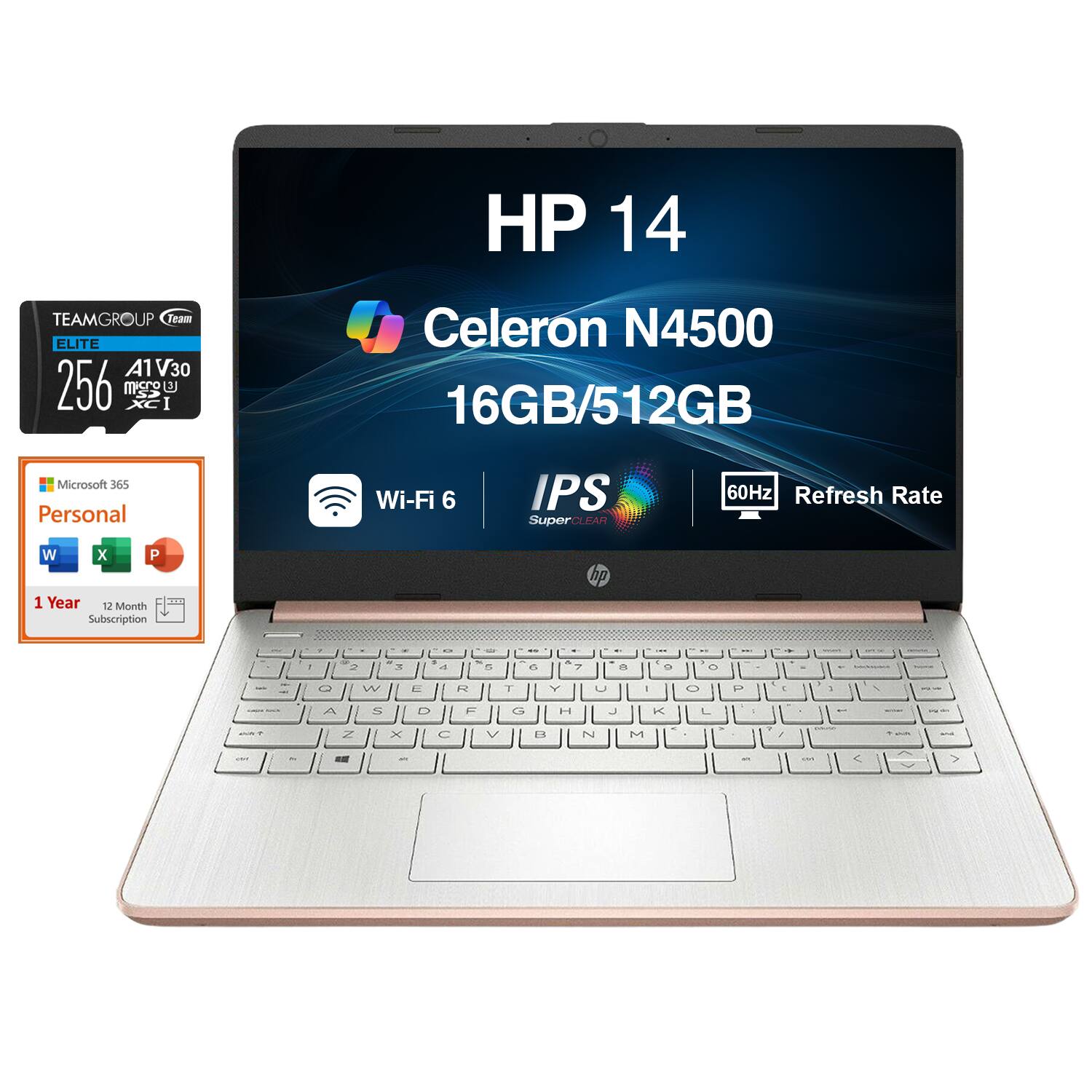 HP 14  
Celeron N4500  
16GB/512GB  
Microsoft 365 Personal  
Wi-Fi 6  
IPS SuperCLEAR 60Hz Refresh Rate  
1 Year Subscription