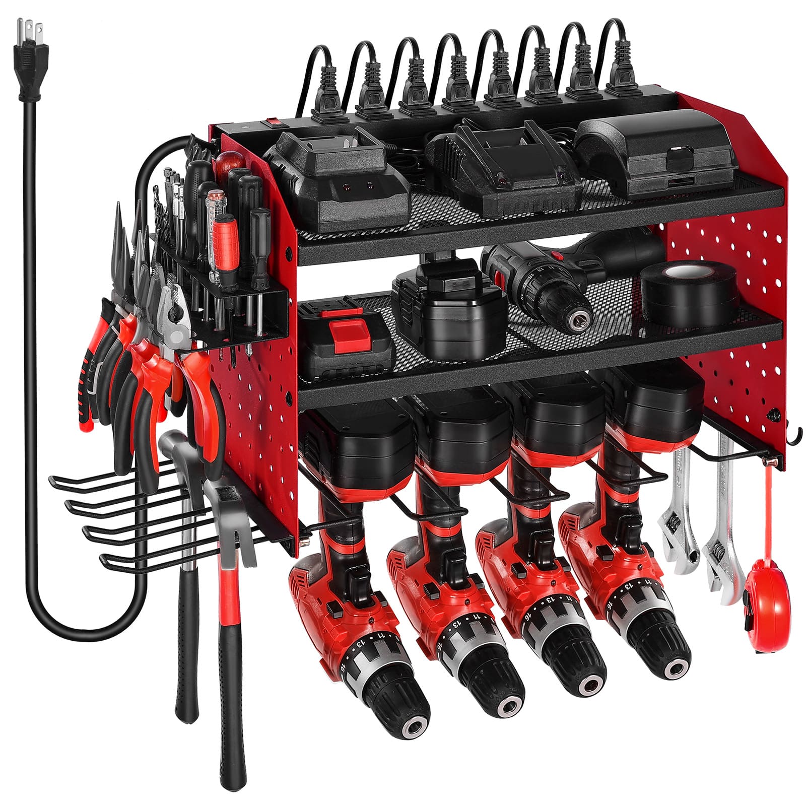VEVOR - Power Tool Organizer with Charging Station, 3-Layer Drill Storage Rack with 4 Drill Holders & Side Pegboard, Garage Tool - Red