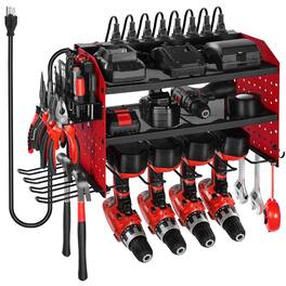 VEVOR - Power Tool Organizer with Charging Station, 3-Layer Drill Storage Rack with 4 Drill Holders & Side Pegboard, Garage Tool - Red