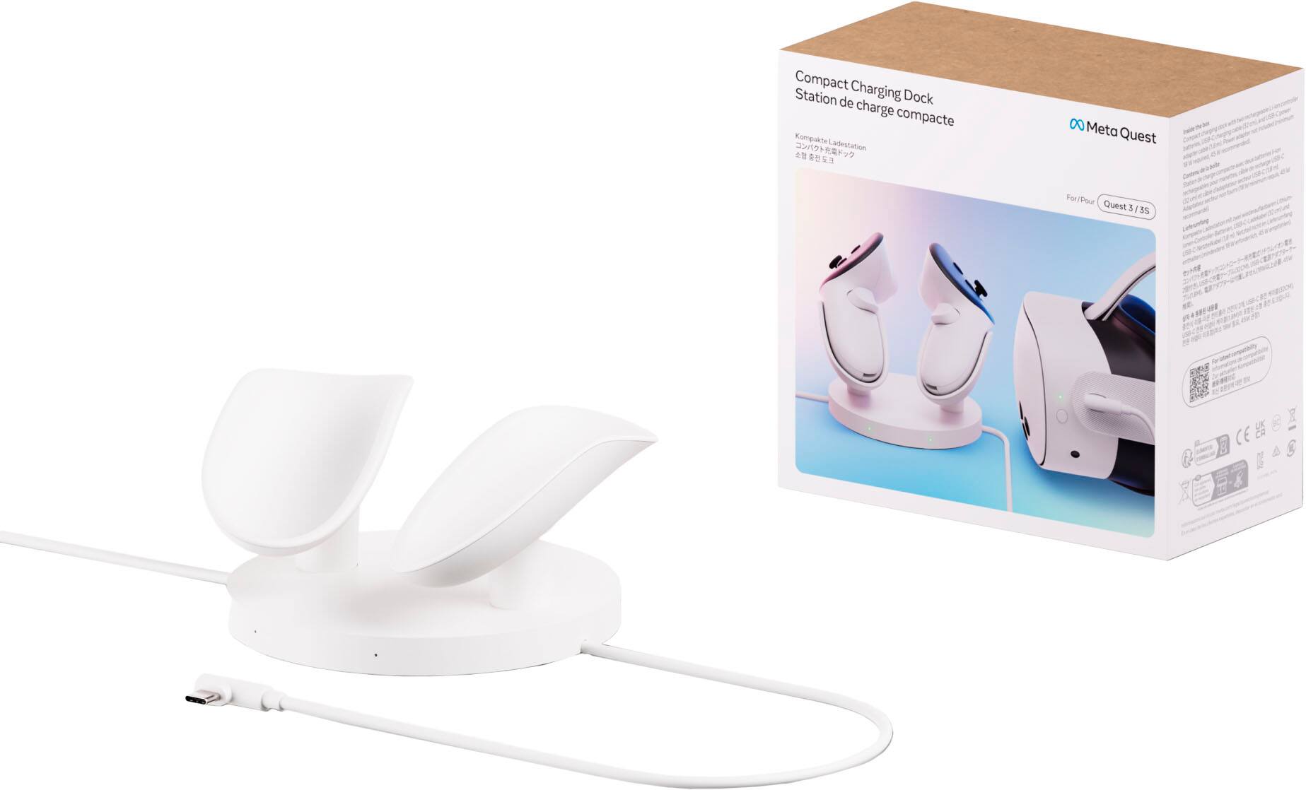 The image shows a compact charging station with a box that says "Kompakhe Charging Station" on it. The charging station is designed for the Meta Quest 35 CE X headset.