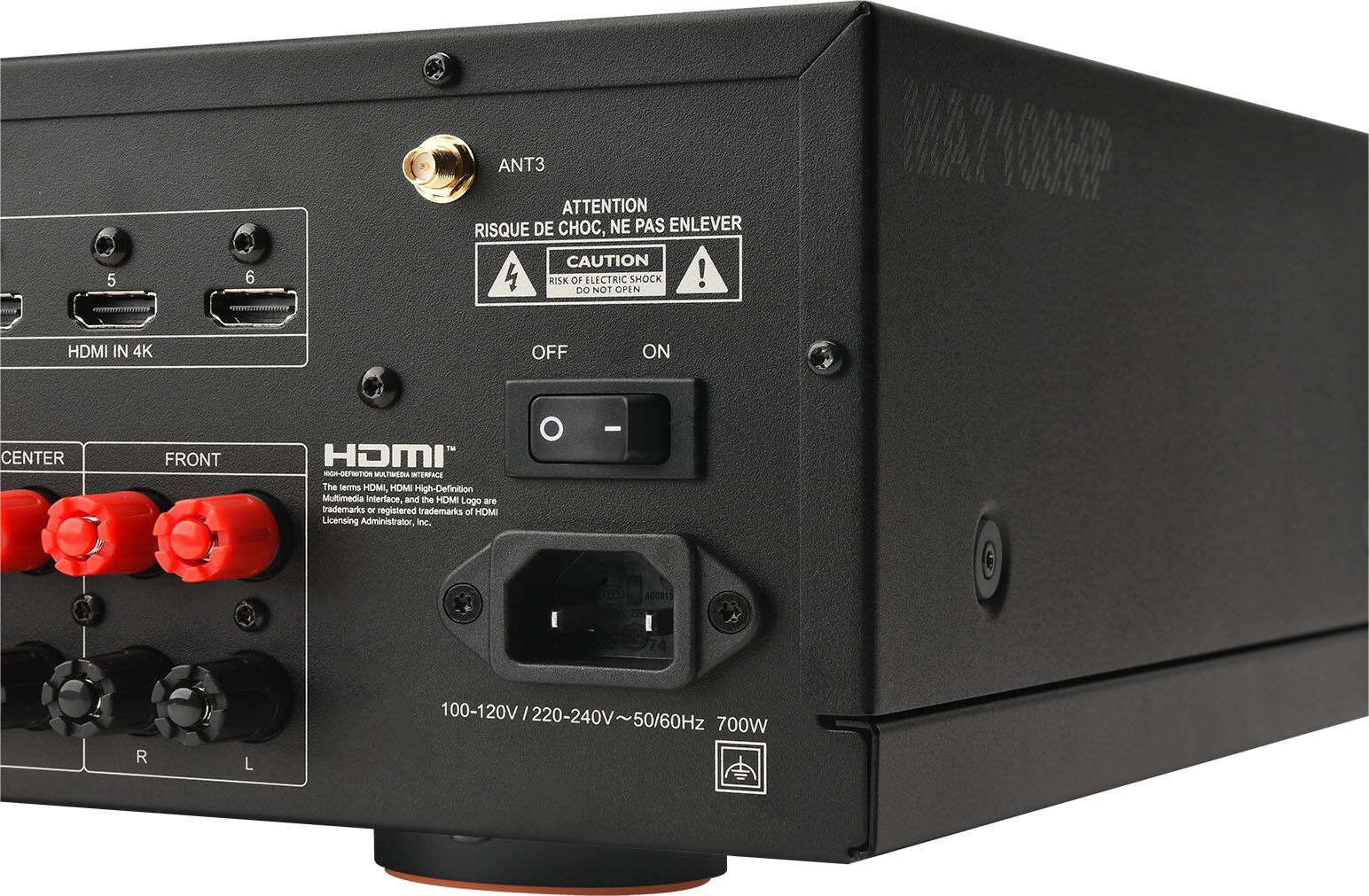 The text on the image reads:
"5 6 ANT3 ATTENTION RISQUE DE CHOC, NE PAS ENLEVER CAUTION RISK Of ELECTRIC SHOCK ! DO NOT OPEN MA710AH HDMI IN 4K OFF ON CENTER FRONT HDMI HIGH-GEFINITION TRANSMISSION INTERFACE The terms HDMI HDMI High-Definition Multimedia interlace, and the HDMI Logo are trademarks or registered trademarks of HDMI Licensing Administrator, Inc. - A00011 R L 100-120V 00-120V/220-240V~50/60Hz / 220-240V ~ 50/60Hz 700W"
The text is grouped as follows:
1. Attention: Risk of electric shock, do not open.
2. HDMI in 4K: Off, On, Center, Front.
3. HDMI High-Definition Multimedia Interface.
4. The terms HDMI, HDMI High-Definition Multimedia interlace, and the HDMI Logo are trademarks or registered trademarks of HDMI Licensing Administrator, Inc.
5. A00011 R L 100-120V 00-120V/220-240V~50/60Hz / 220-240V ~ 50/60Hz 700W.