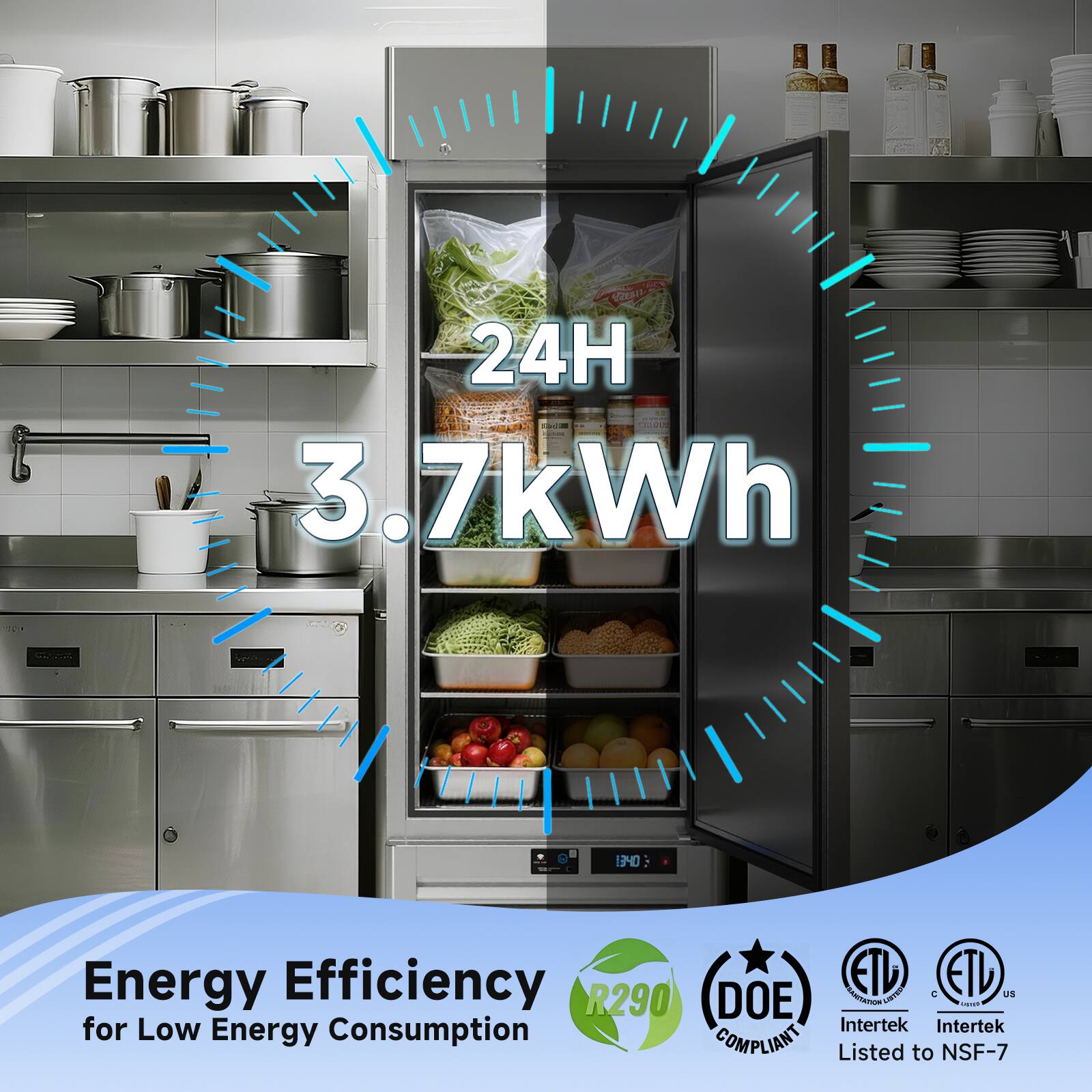 24H  
3.7kWh  

Energy Efficiency for Low Energy Consumption  

ETL C ETL US R290 DOE AAOTIO  
Intertek Intertek COMPLIANT  
Listed to NSF-7
