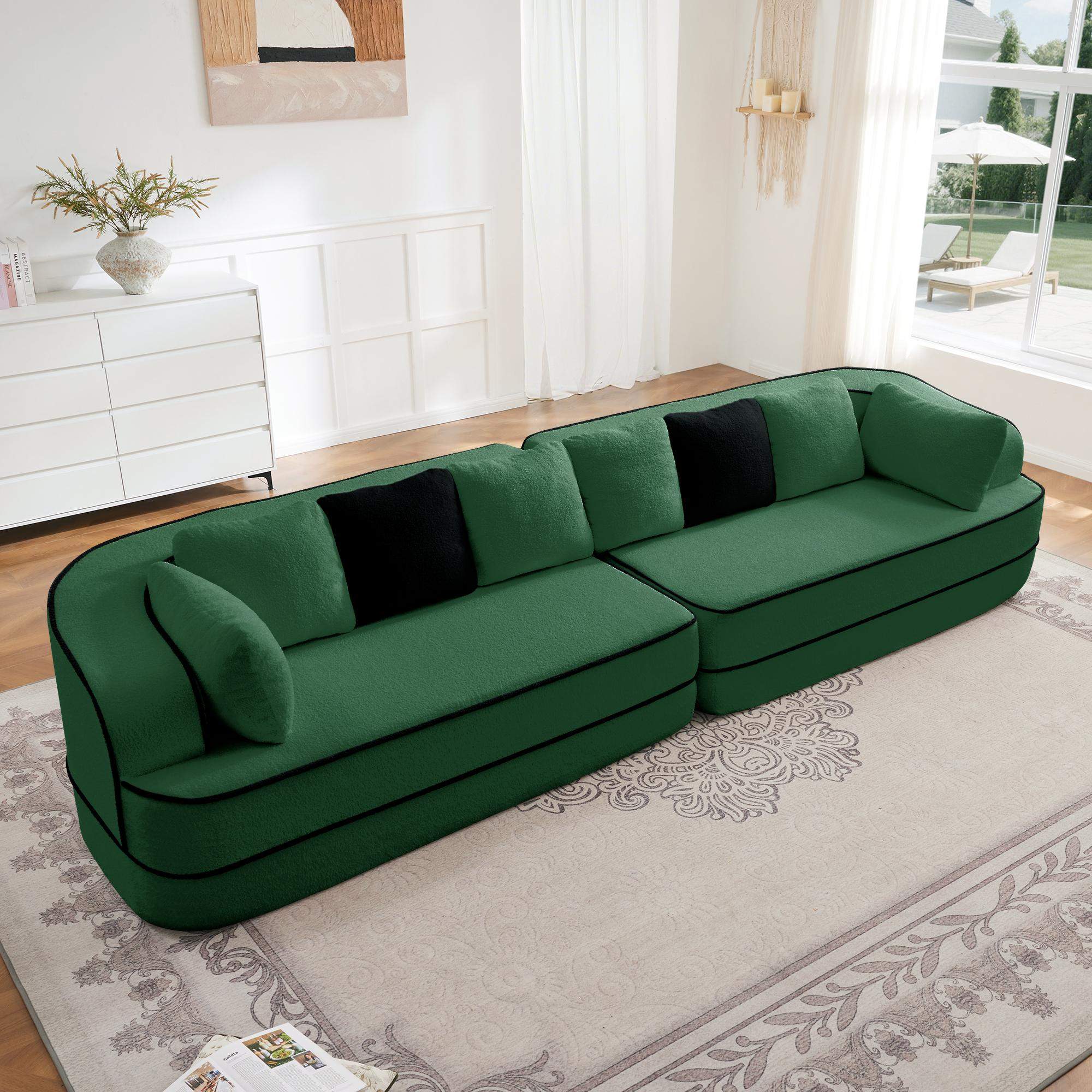 Back. Roomtec - 135 inch 4Seat Teddy Fabric No Assembly 32D High Density sponge Boneless Sofa Fluffy Comfy CouchOversize sofaContrast - Green.
