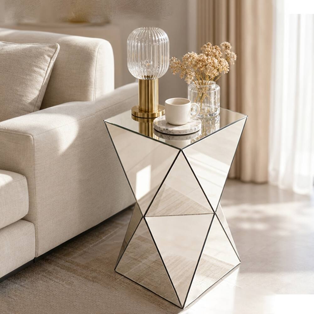 Front. Loheer - Loheer Champagne Mirrored Side Table Geometric End Table Luxe Accent - Champagne.