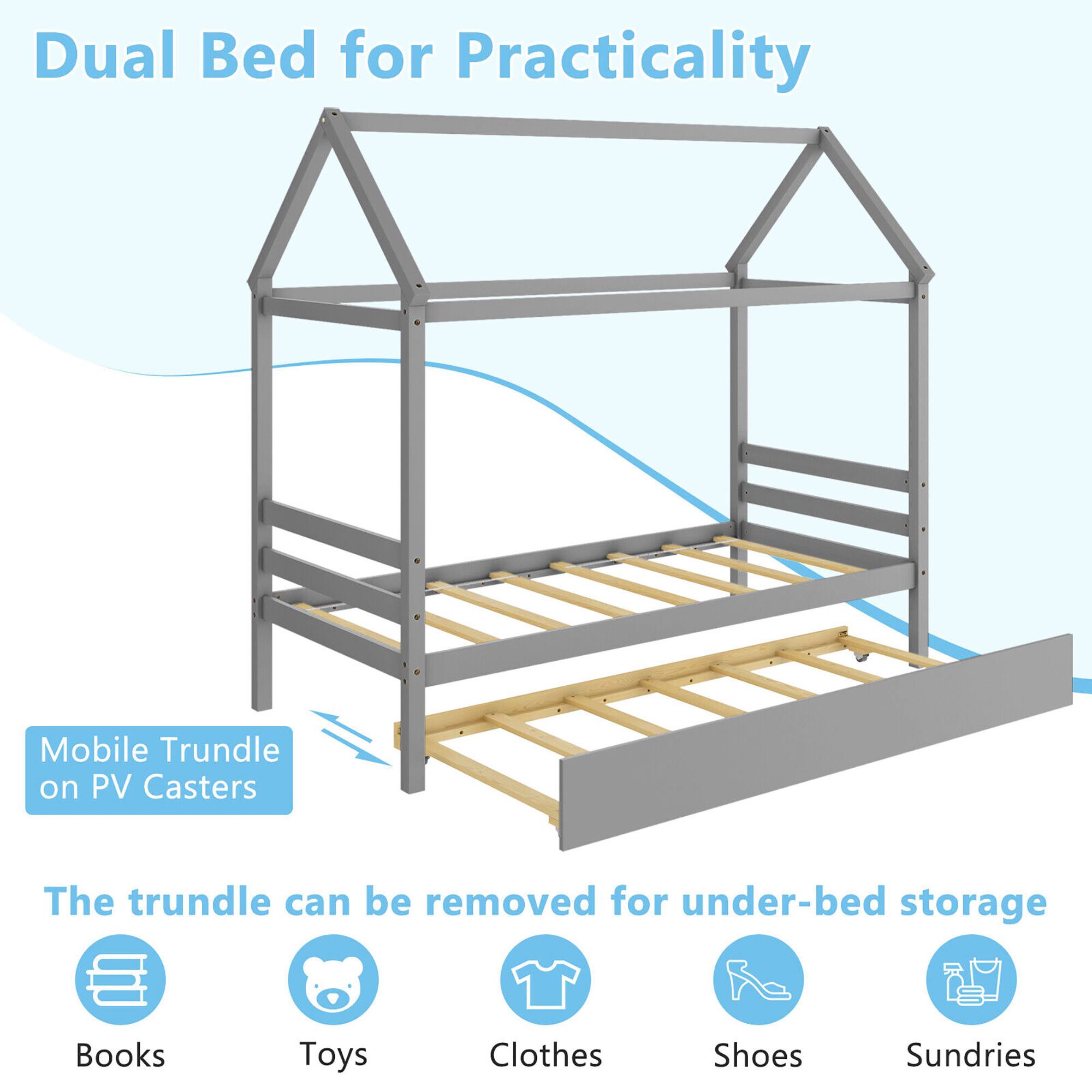 Dual Bed for Practicality

Mobile Trundle on PV Casters

The trundle can be removed for under-bed storage

Books  
Toys  
Clothes  
Shoes  
Sundries
