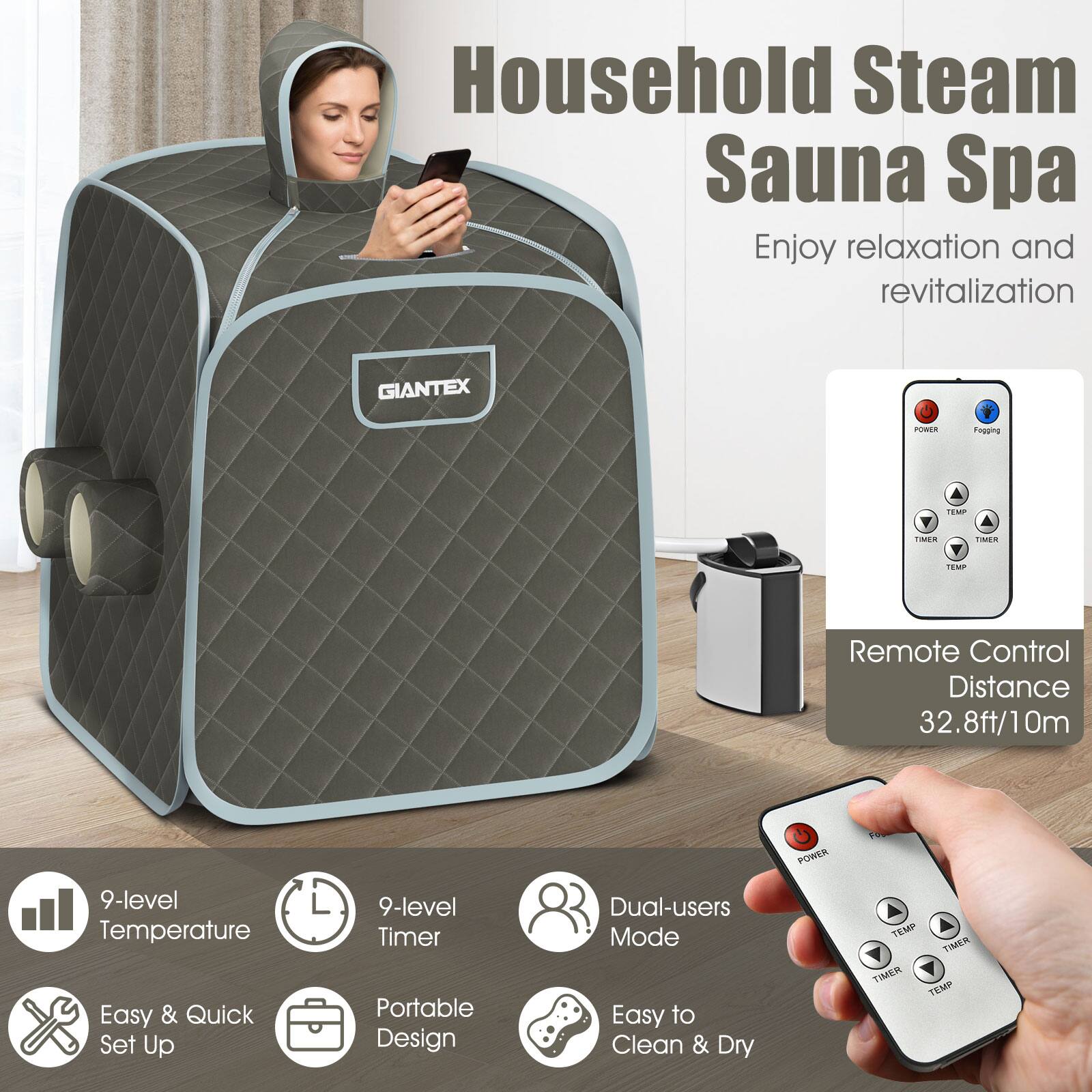 Household Steam Sauna Spa: Enjoy relaxation and revitalization with the Giantex Portable Steam Sauna Spa. Featuring a 9-level temperature control, 9-level timer, and remote control, this spa offers a comfortable and customizable experience. The spa is portable and easy to set up, making it a convenient addition to any home. The dual-users mode allows for simultaneous use by two people, and the easy-to-clean and dry design ensures that the spa remains hygienic and functional.