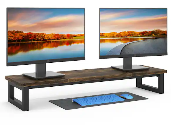 Front. ThinkLink Electronic - Dual Monitor Stand Riser Large Stands Monitors Computer Wooden Desktop Oraganizer Shelf Office Desk Laptop - Brown.