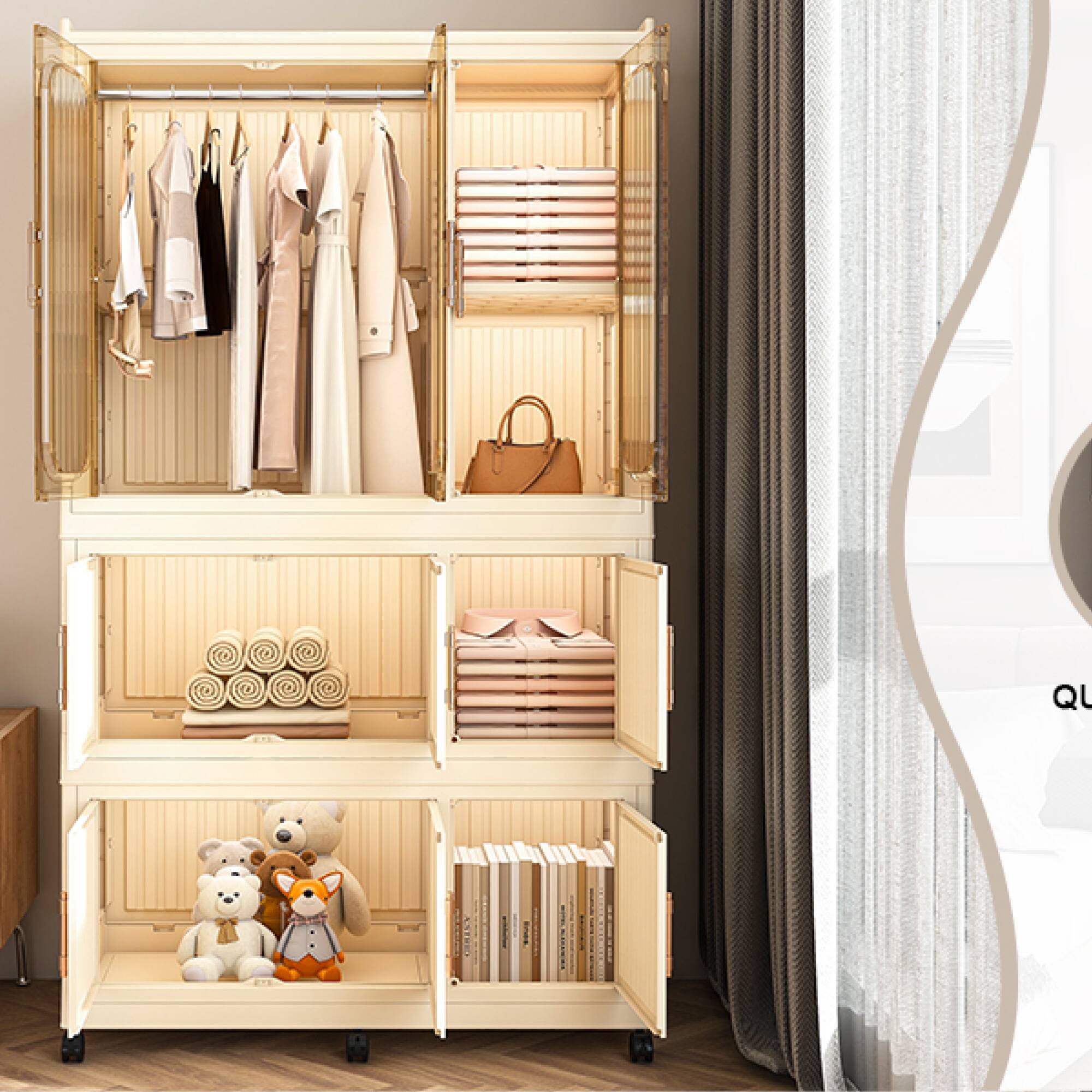 Alt View 8. GOODSILO - Portable Wardrobe Closet Storage Organizer with 9 Magnetic Doors, 9 Cubes and Hanging Rod for Clothing Organization - Cream White.