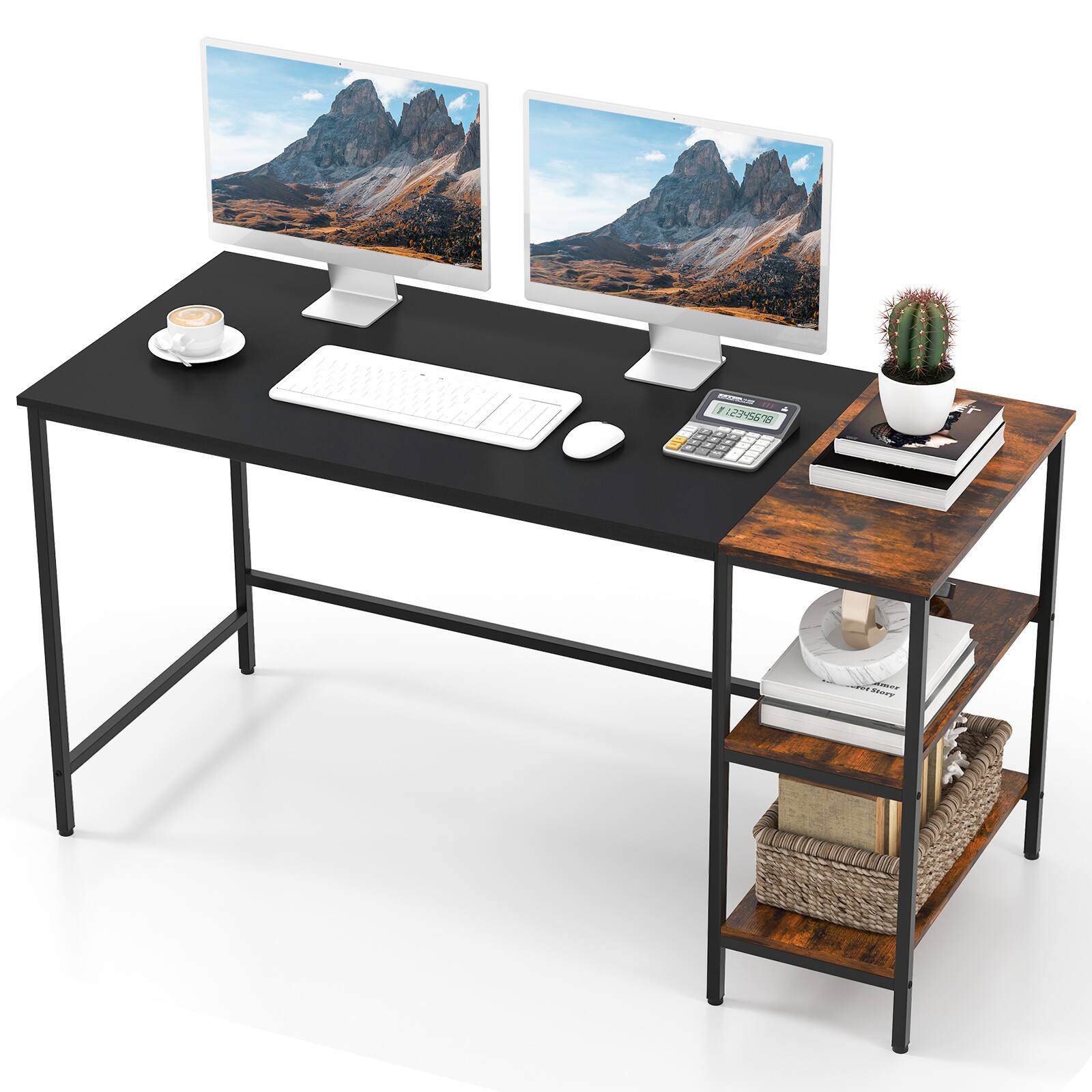 Back. SlickBlue - Industrial Writing Desk with Metal Frame and 2 Shelves for Home Office - Brown.