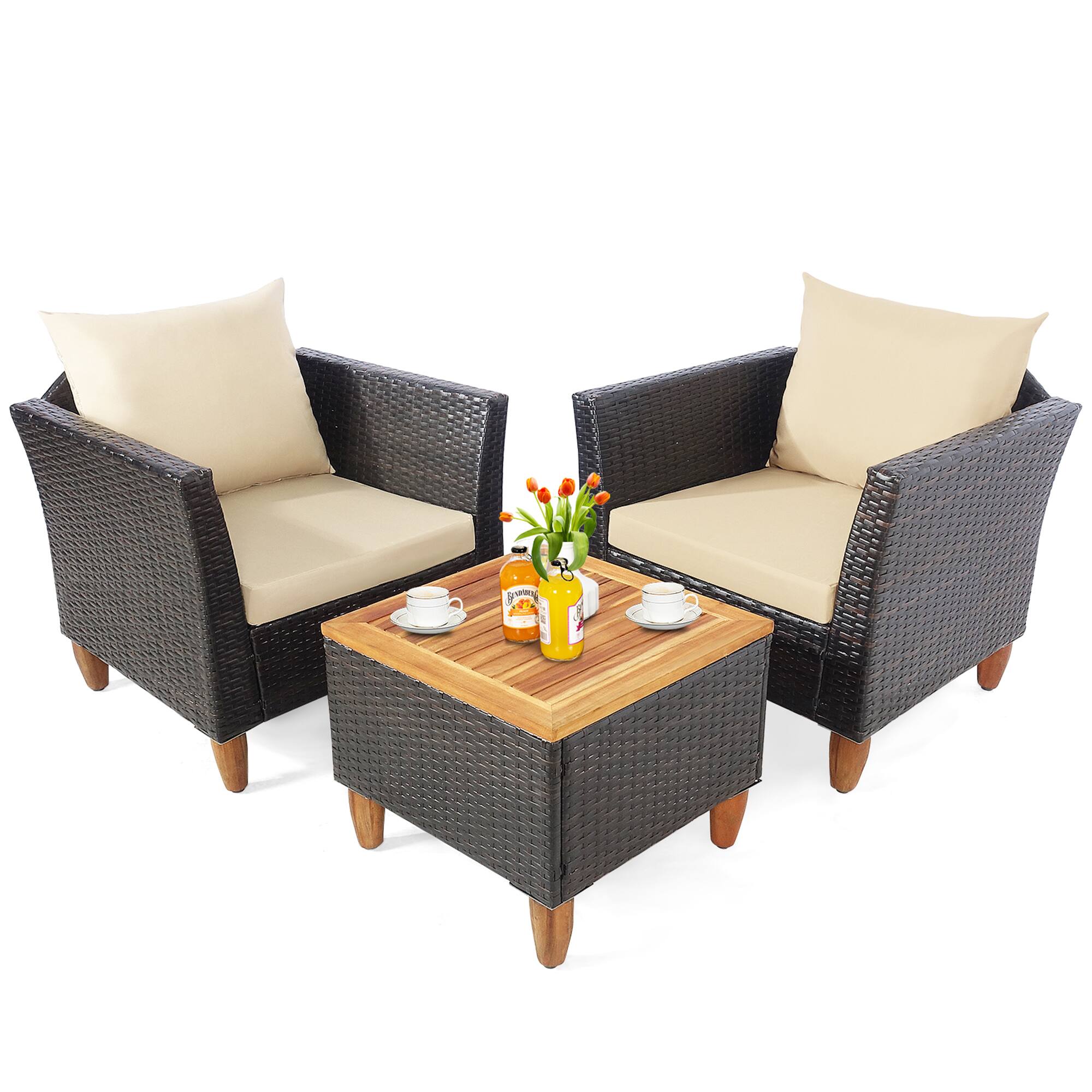 Alt View 1. Gymax - Gymax 3PCS Patio Furniture Set Conversation Bistro Set w/ Acacia Wood & Cushions Beige - Beige.