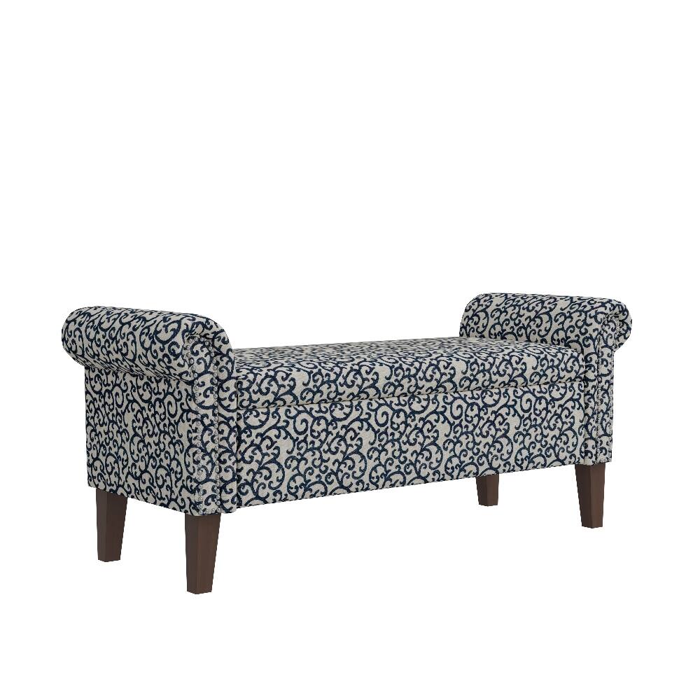 Alt View 1. Ropilly - Ropilly Rolled Arm Storage Bench Upholstered Entryway Ottoman with Nailhead Trim, Black Patterned Fabric - Black.