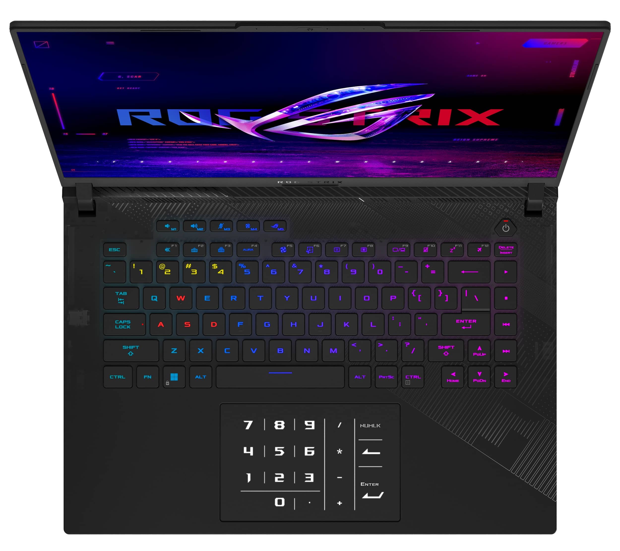 The image features a laptop with a colorful screen and a keyboard. The laptop is open, and the screen is displaying a colorful background. The keyboard has a purple and blue color scheme, and the laptop is likely a gaming laptop, as suggested by the colorful screen and keyboard. The laptop is sitting on a white background, making the vibrant colors of the screen and keyboard stand out even more.