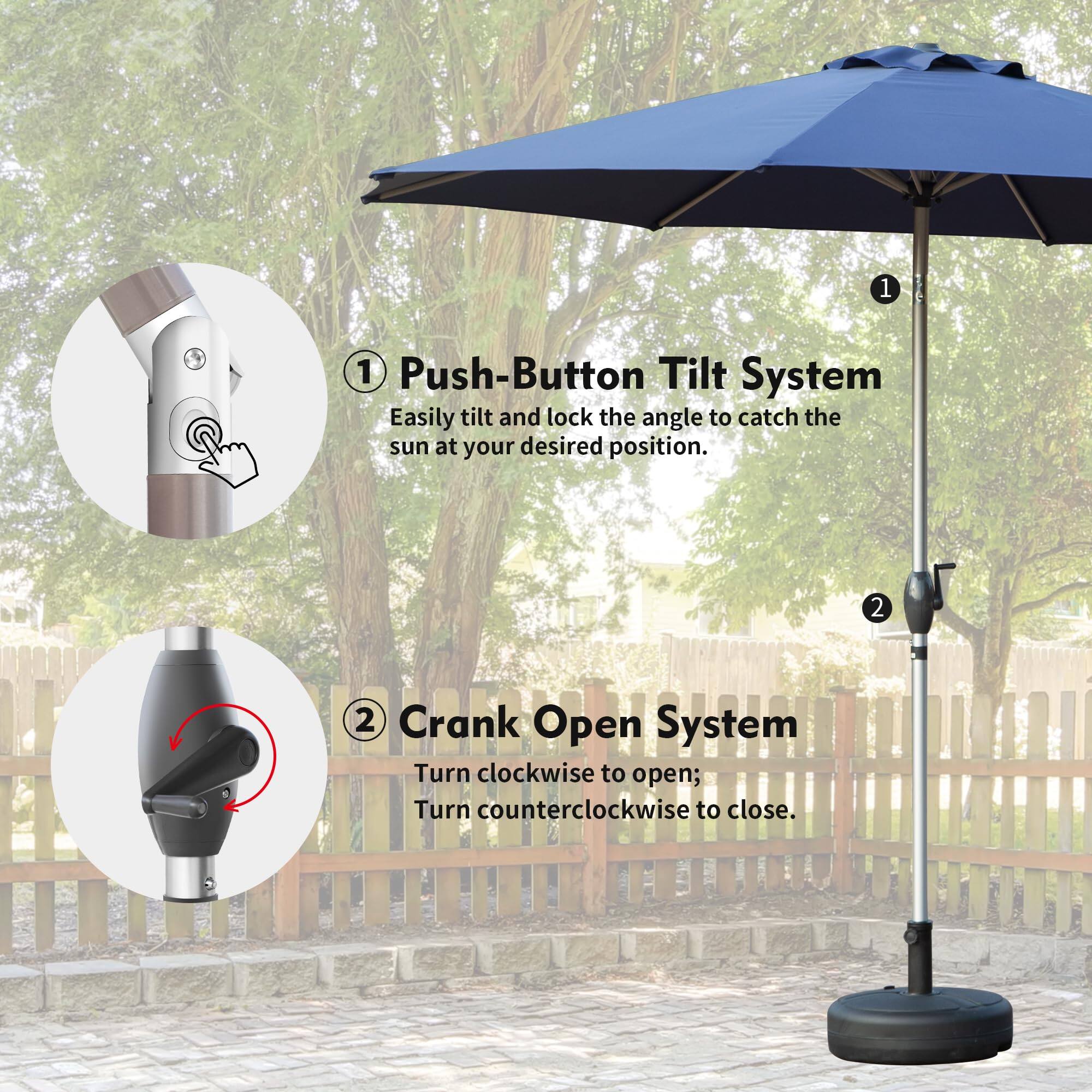 1. Push-Button Tilt System  
   Easily tilt and lock the angle to catch the sun at your desired position.

2. Crank Open System  
   Turn clockwise to open; Turn counterclockwise to close.