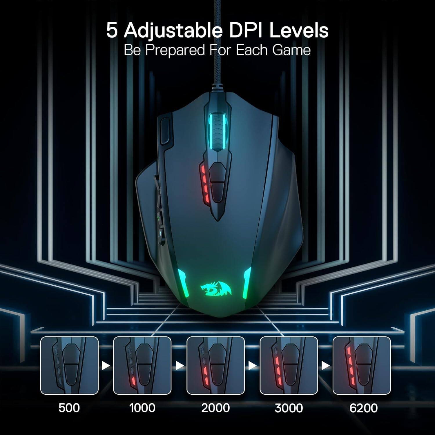 5 Adjustable DPI Levels  
Be Prepared For Each Game

500  
1000  
2000  
3000  
6200