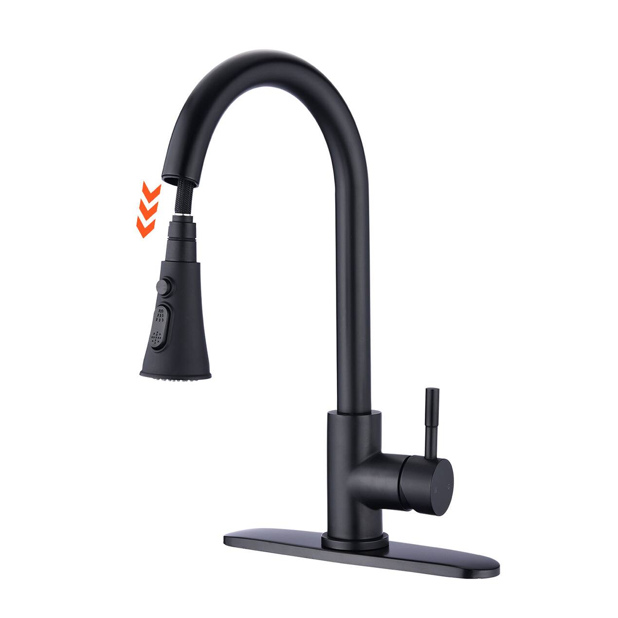 Black Single Handle Pull Down Sprayer Kitchen Faucet with Deck Plate