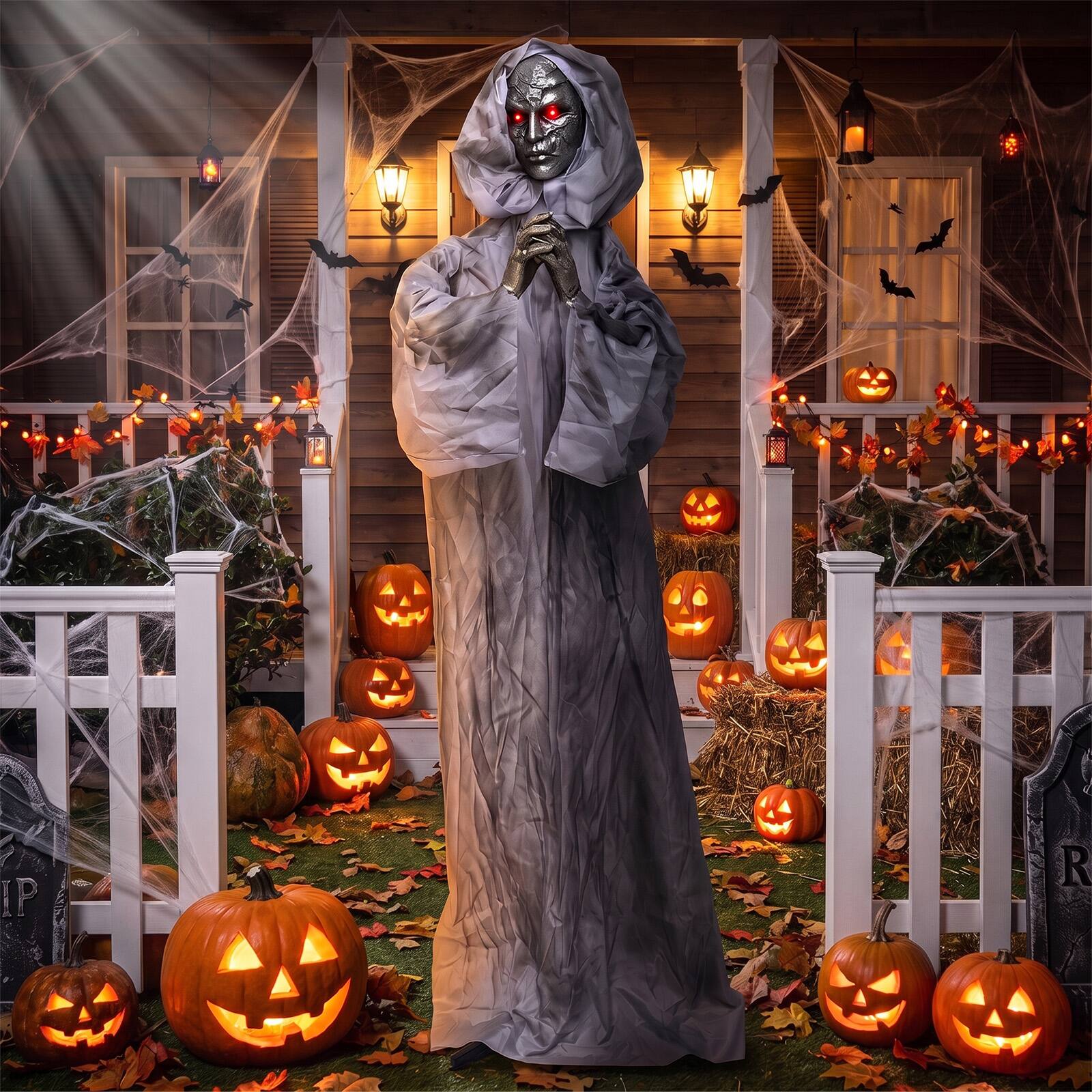 Alt View 6. Costway - Costway 5.6 ft Halloween Weeping Woman Animatronic with Light-Up Eyes, Moving Body - Gray.