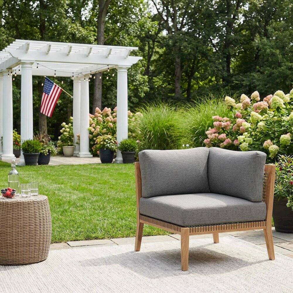 Left. Outdoor Escape - Teak Wood Corner Outdoor Lounge Chair With Backrest And Seat Cushion - Gray.