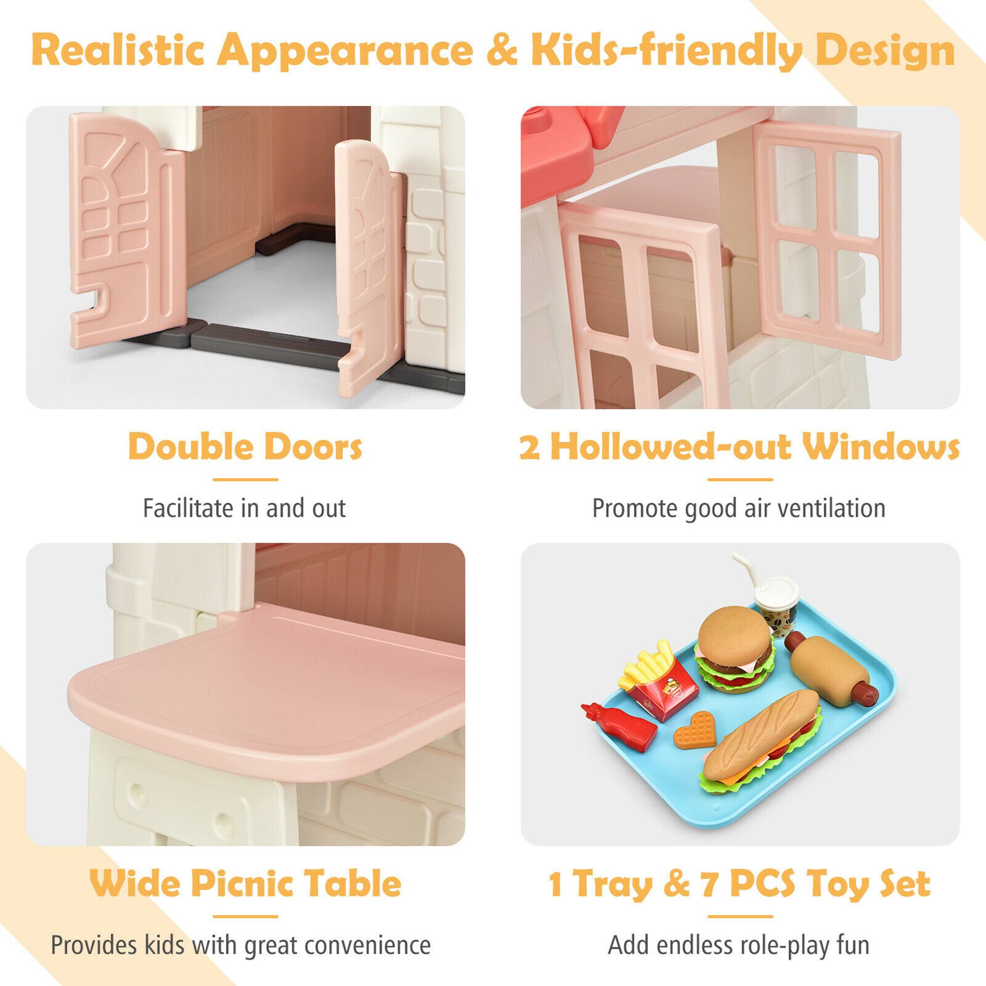 Realistic Appearance & Kids-friendly Design

- Double Doors
  - Facilitate in and out

- 2 Hollowed-out Windows
  - Promote good air ventilation

- Wide Picnic Table
  - Provides kids with great convenience

- 1 Tray & 7 PCS Toy Set
  - Add endless role-play fun